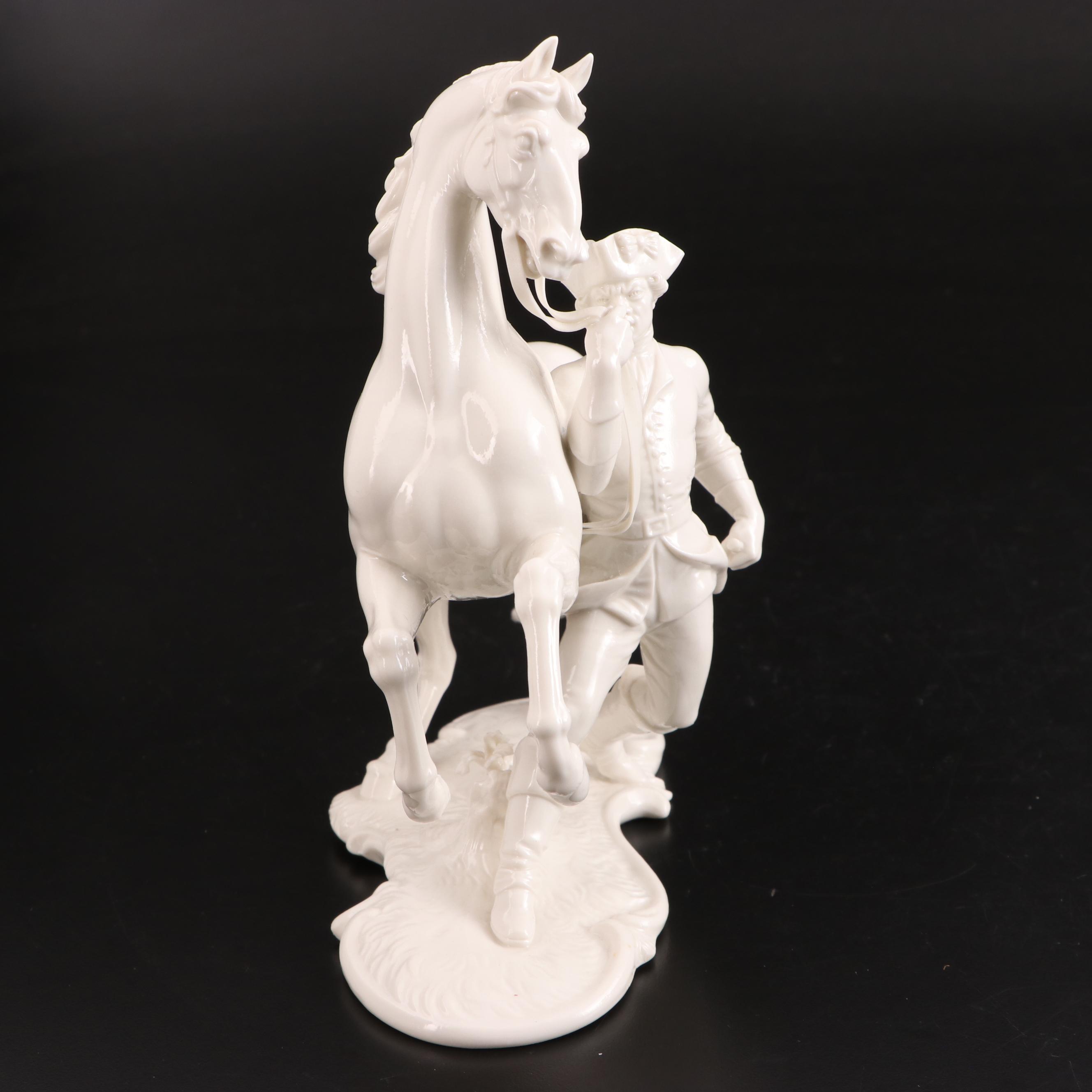 Nymphenburg Porcelain Figurine of Soldier with Horse, 20th Century