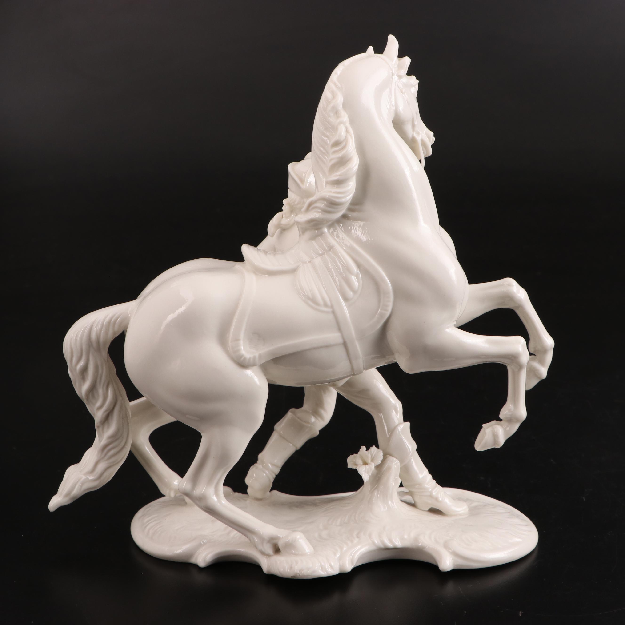 Nymphenburg Porcelain Figurine of Soldier with Horse, 20th Century