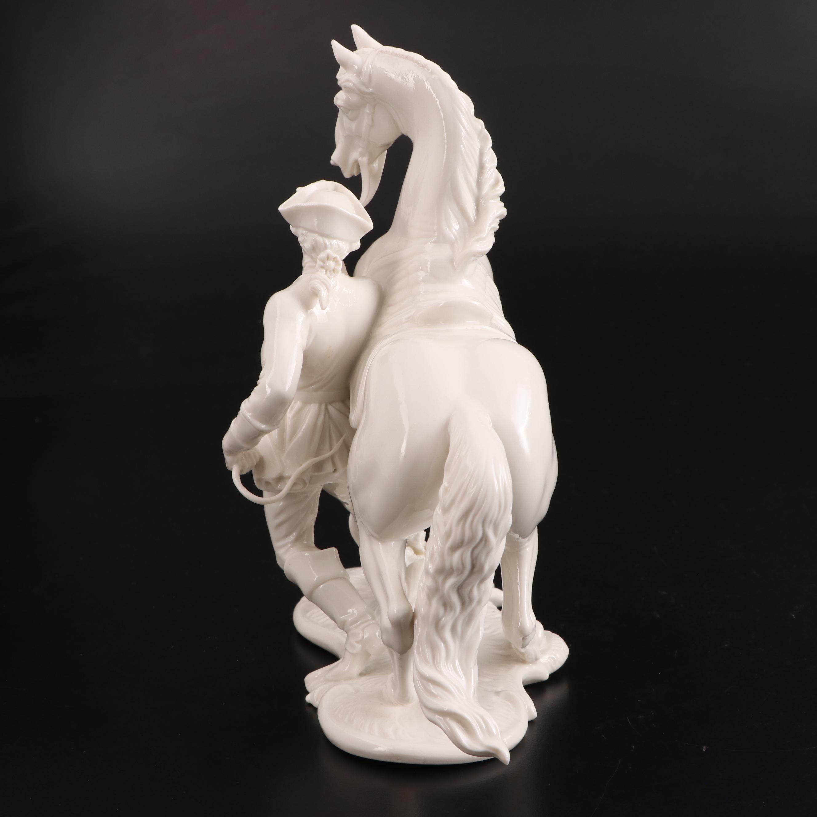Nymphenburg Porcelain Figurine of Soldier with Horse, 20th Century