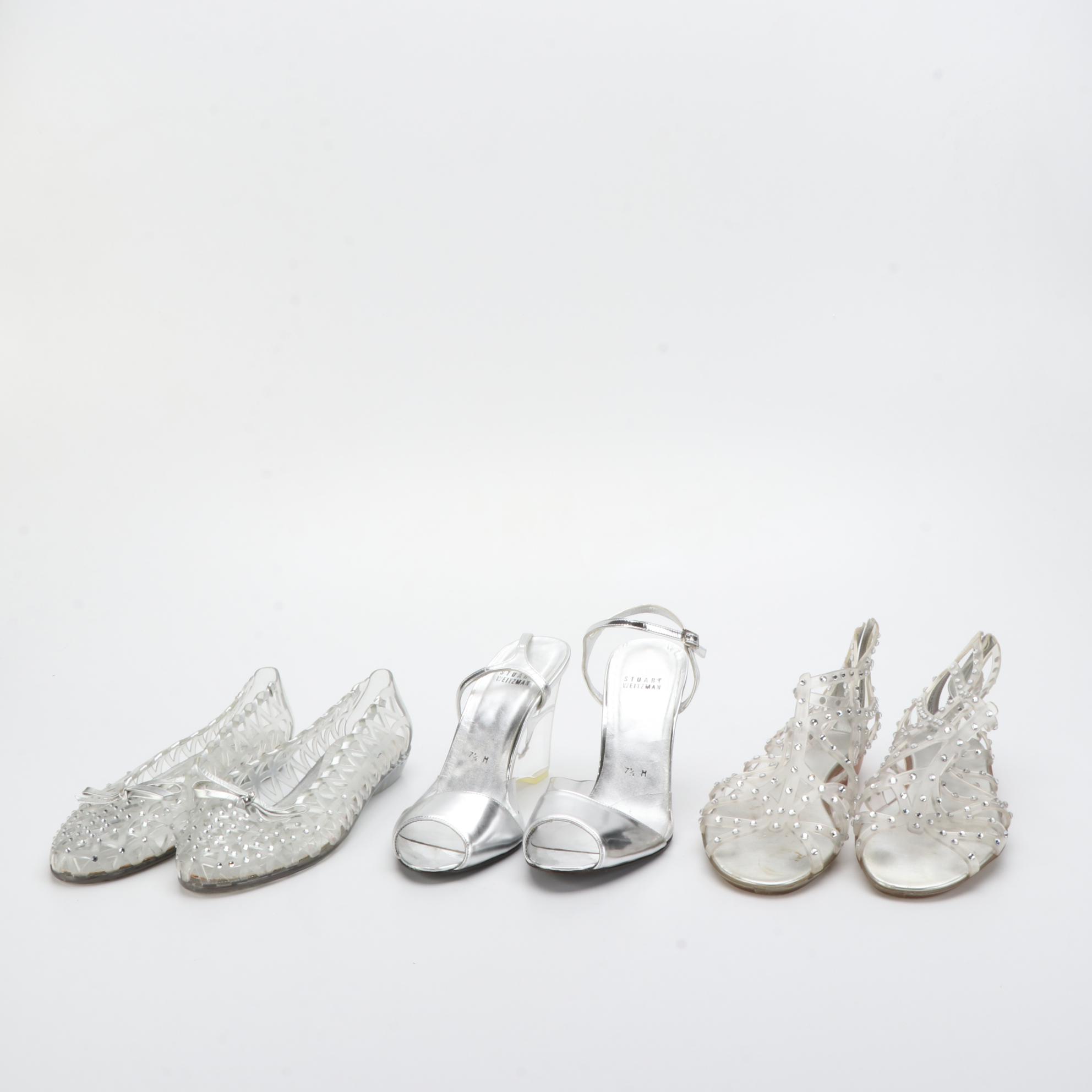 Stuart Weitzman Nudistlucite Wedges, Clear Jelly Flats, and Wedges with Crystals