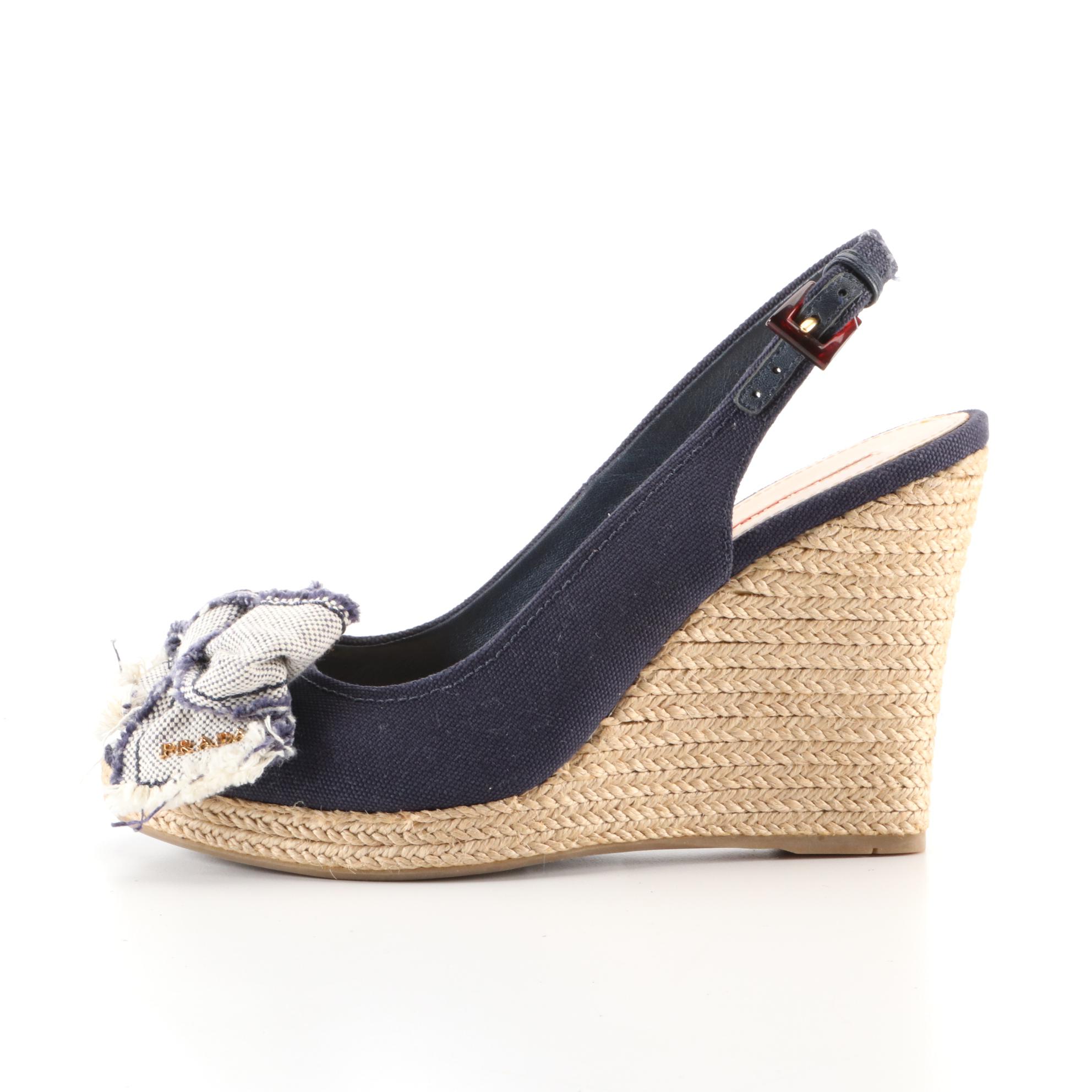 Prada Linea Rossa Bow Peep Toe Espadrille Wedges in Navy Canvas