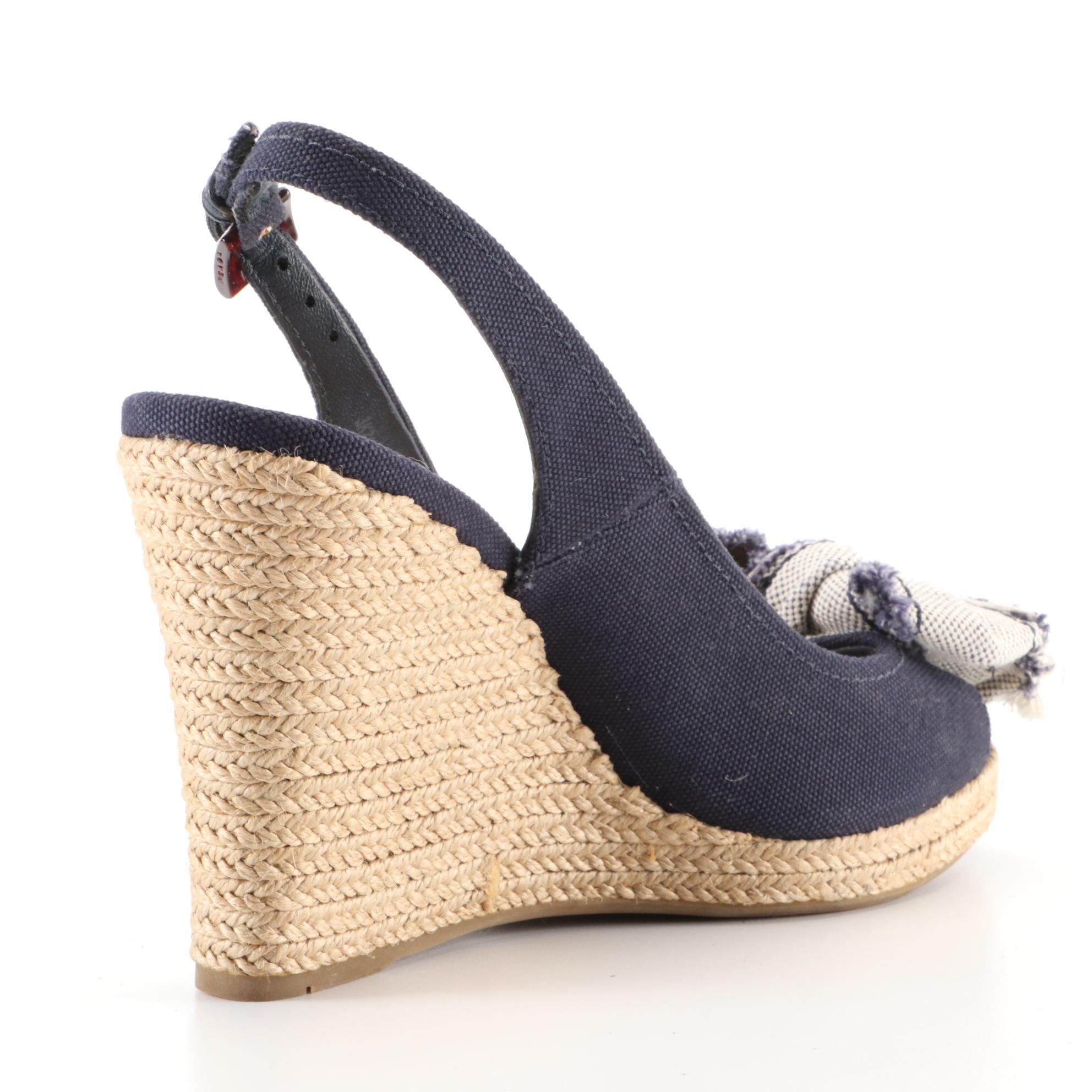 Prada Linea Rossa Bow Peep Toe Espadrille Wedges in Navy Canvas