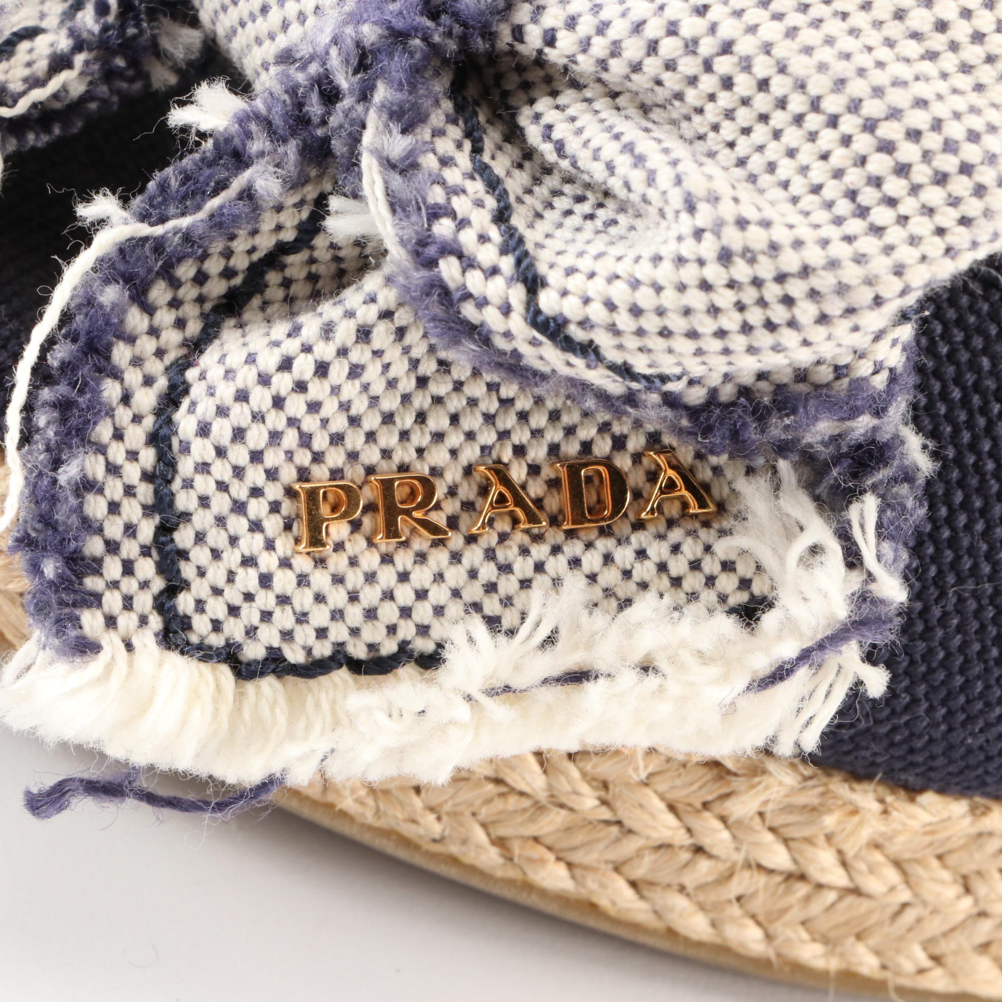Prada Linea Rossa Bow Peep Toe Espadrille Wedges in Navy Canvas