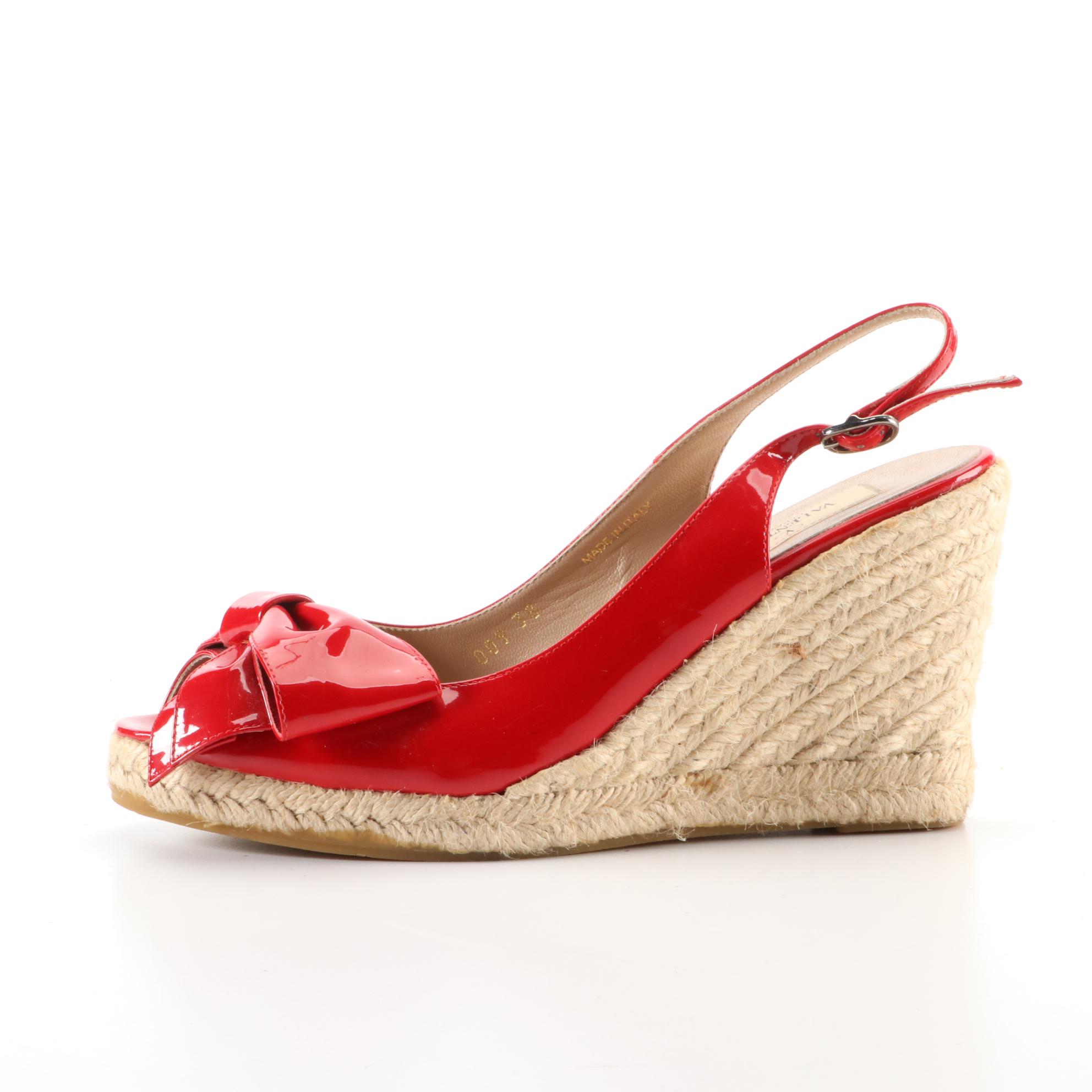 Valentino Garavani Bow Espadrille Wedge Platform Sandals in Patent Leather