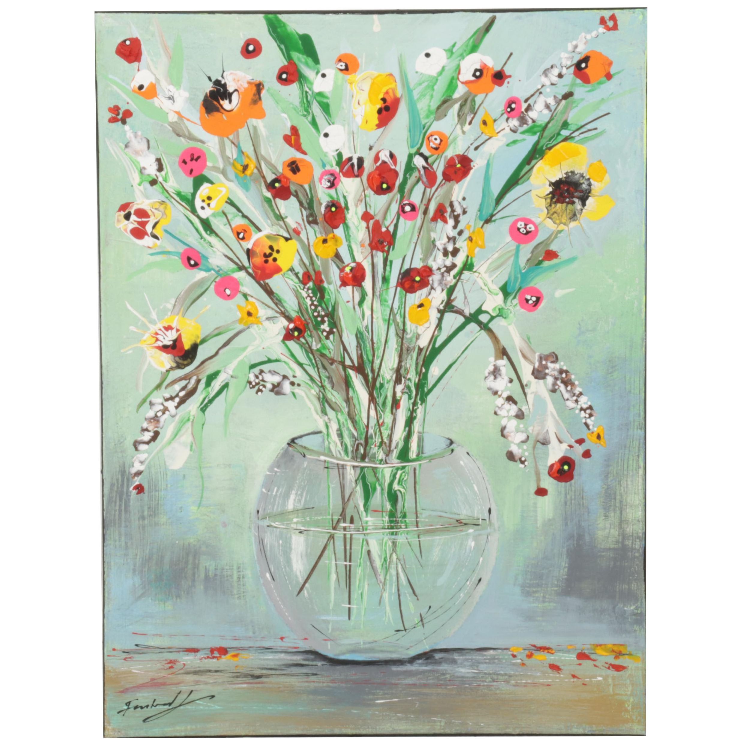 Farshad Lanjani Acrylic Painting of Flowers in Glass Bowl, 21st Century