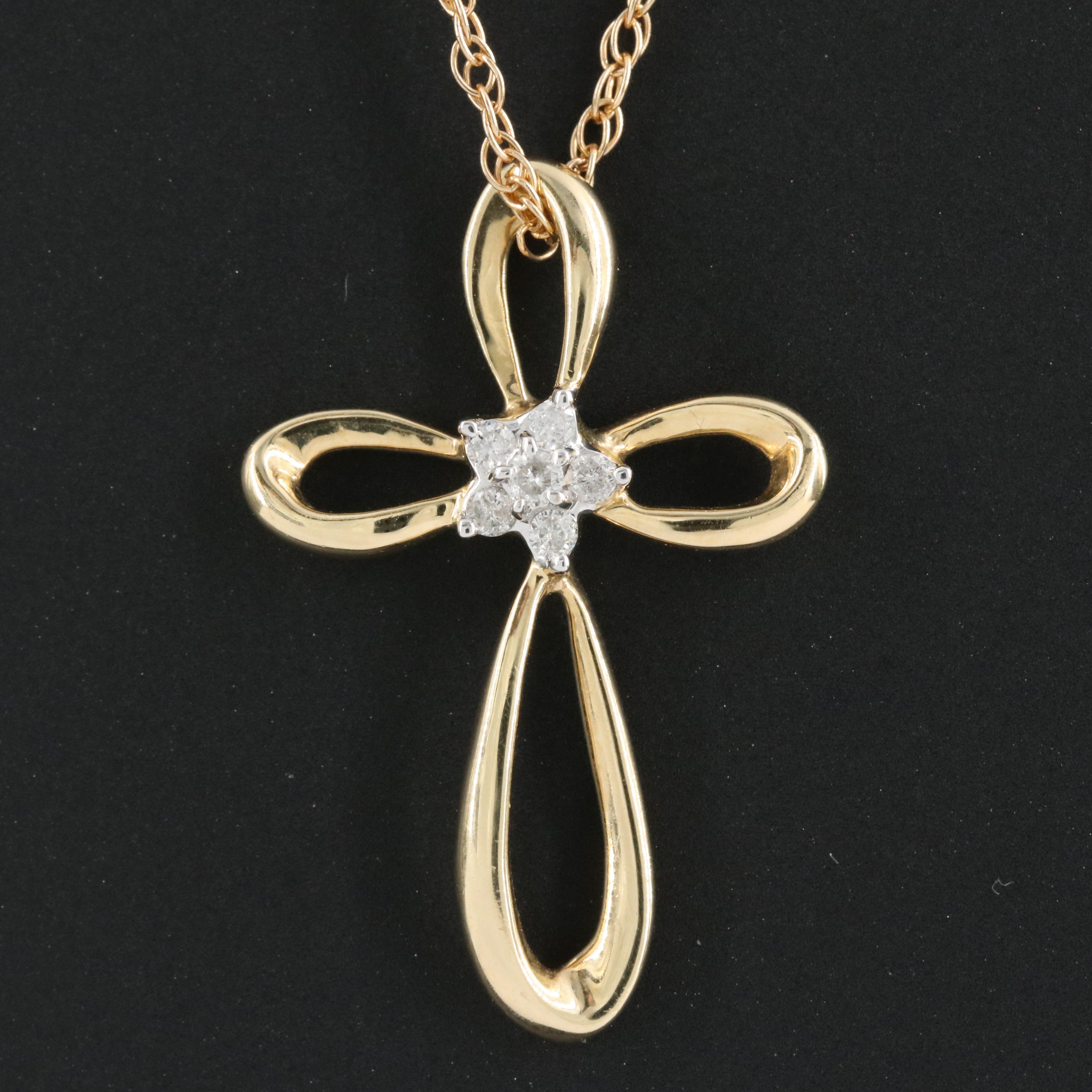 14K 0.09 CT Diamond Cross Pendant Necklace