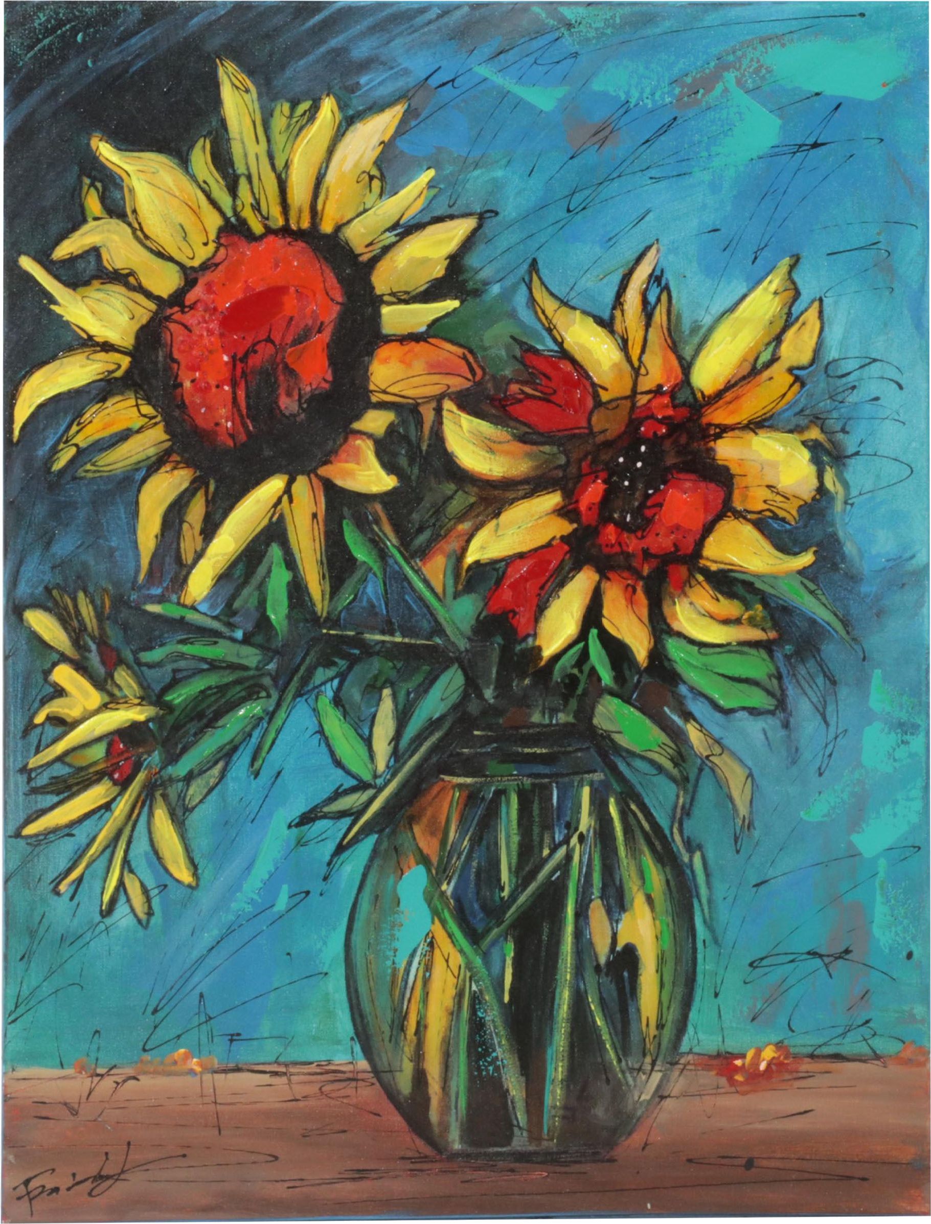 Farshad Lanjani Still Life Acrylic Painting of Sunflowers, 21st Century