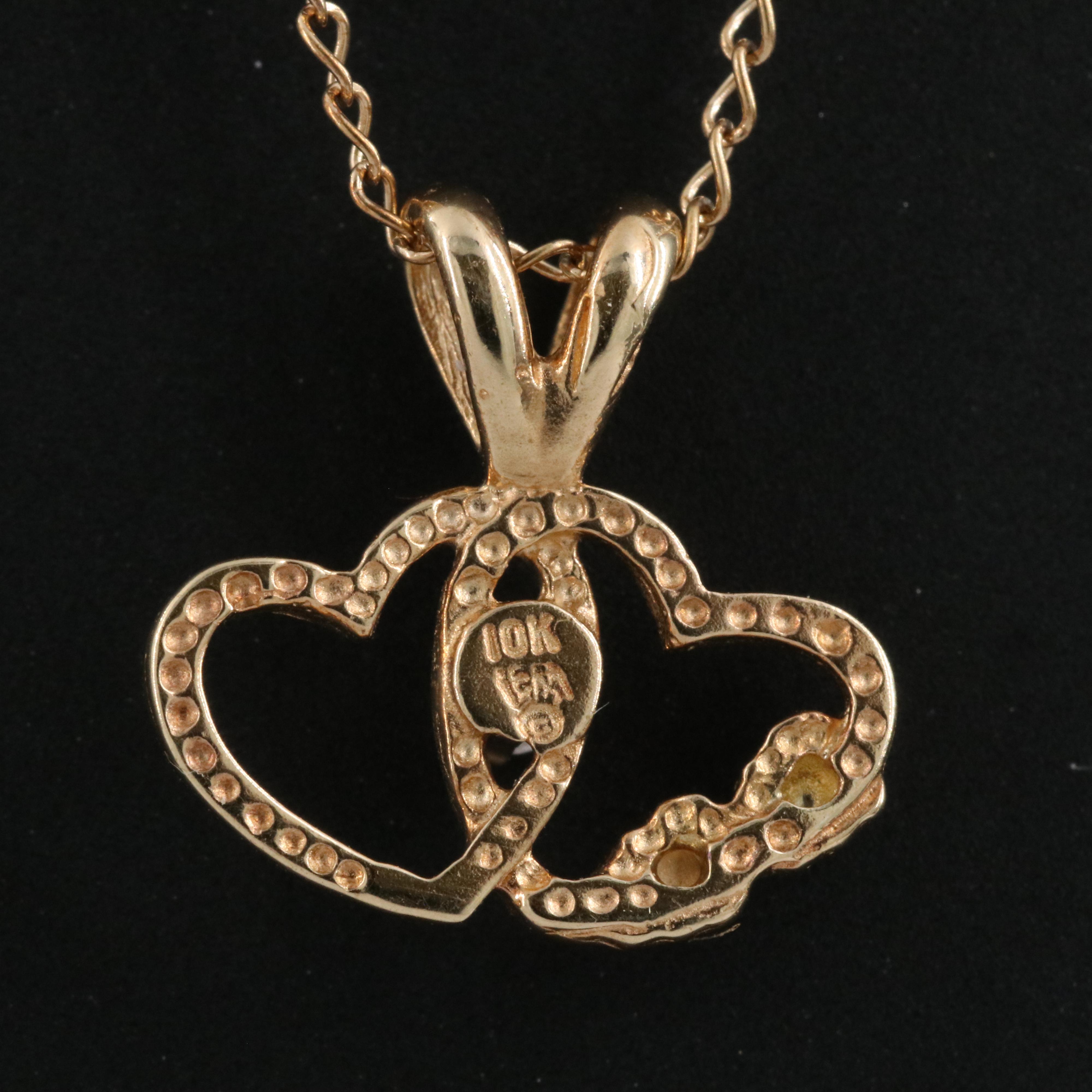10K 0.03 CT Diamond Double Heart Pendant Necklace