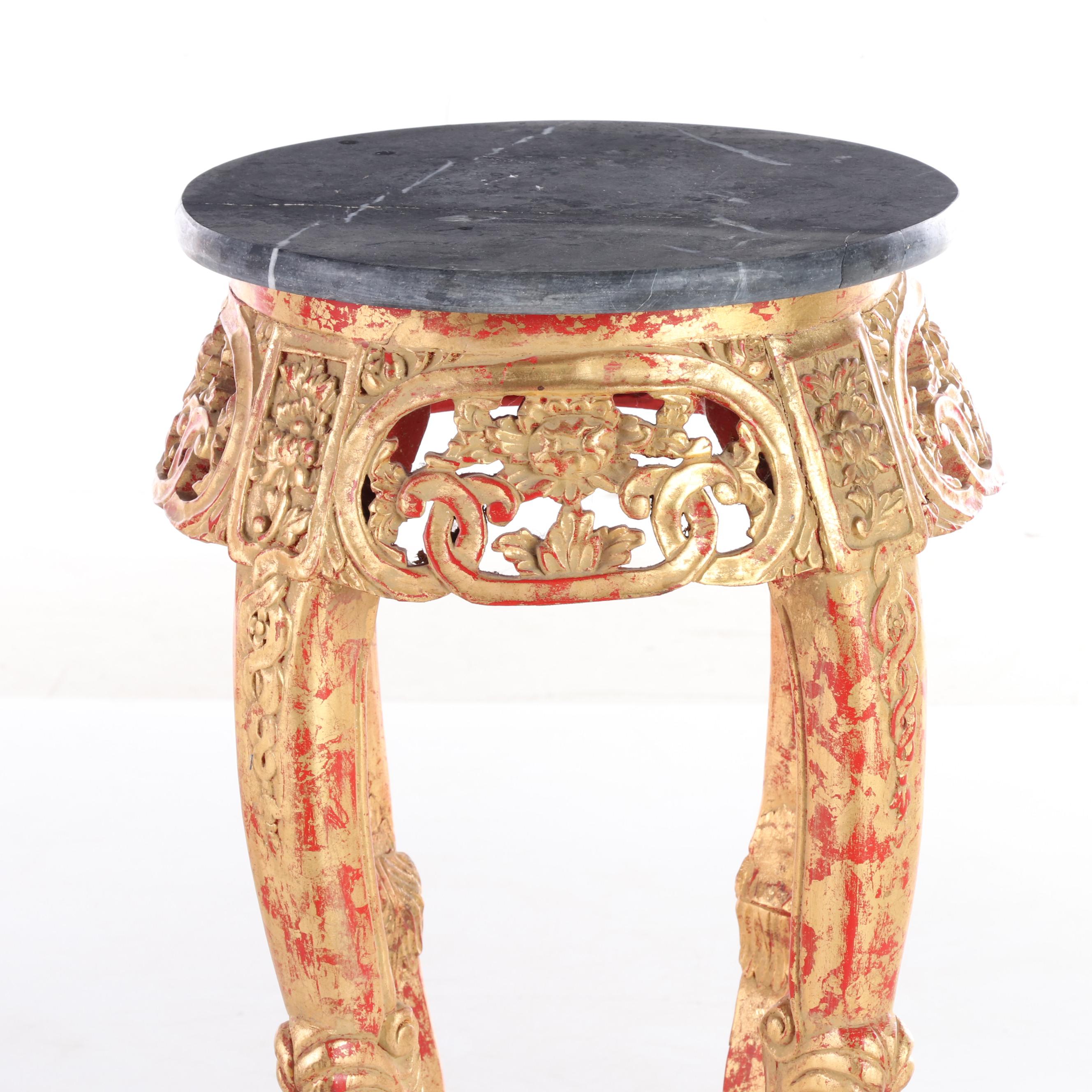 Chinese Red-Painted, Gilt-Decorated, and Polished Stone Side Table