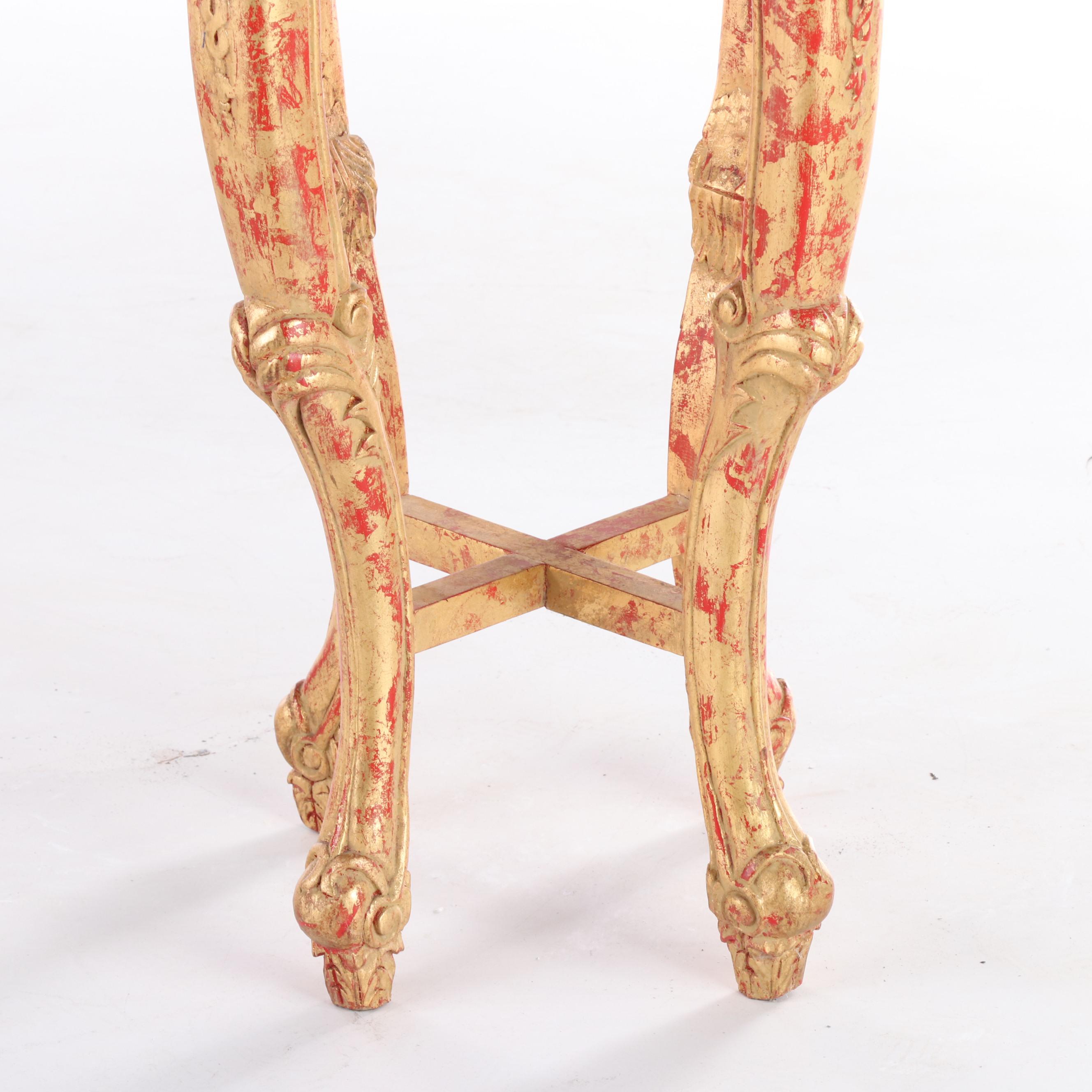 Chinese Red-Painted, Gilt-Decorated, and Polished Stone Side Table