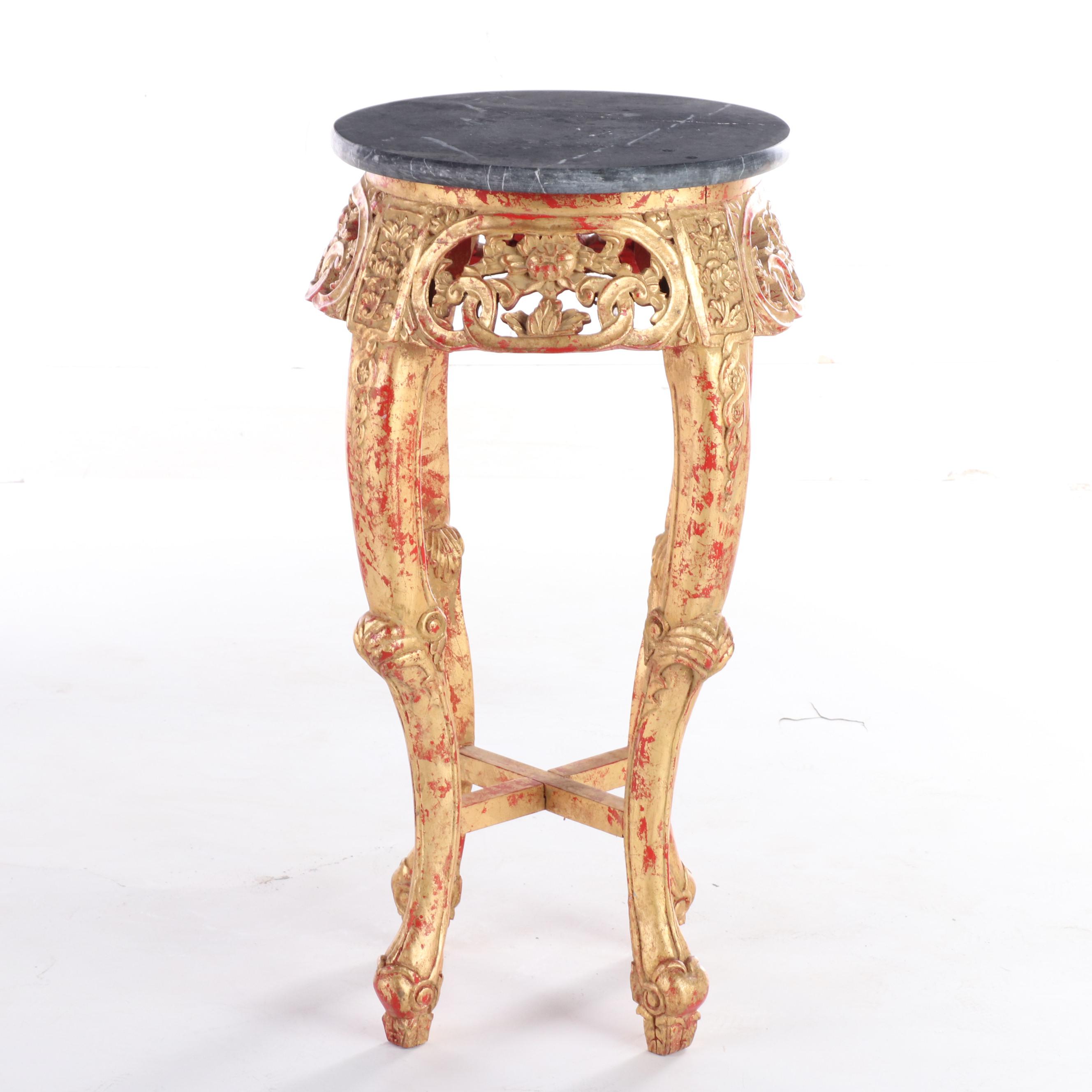 Chinese Red-Painted, Gilt-Decorated, and Polished Stone Side Table