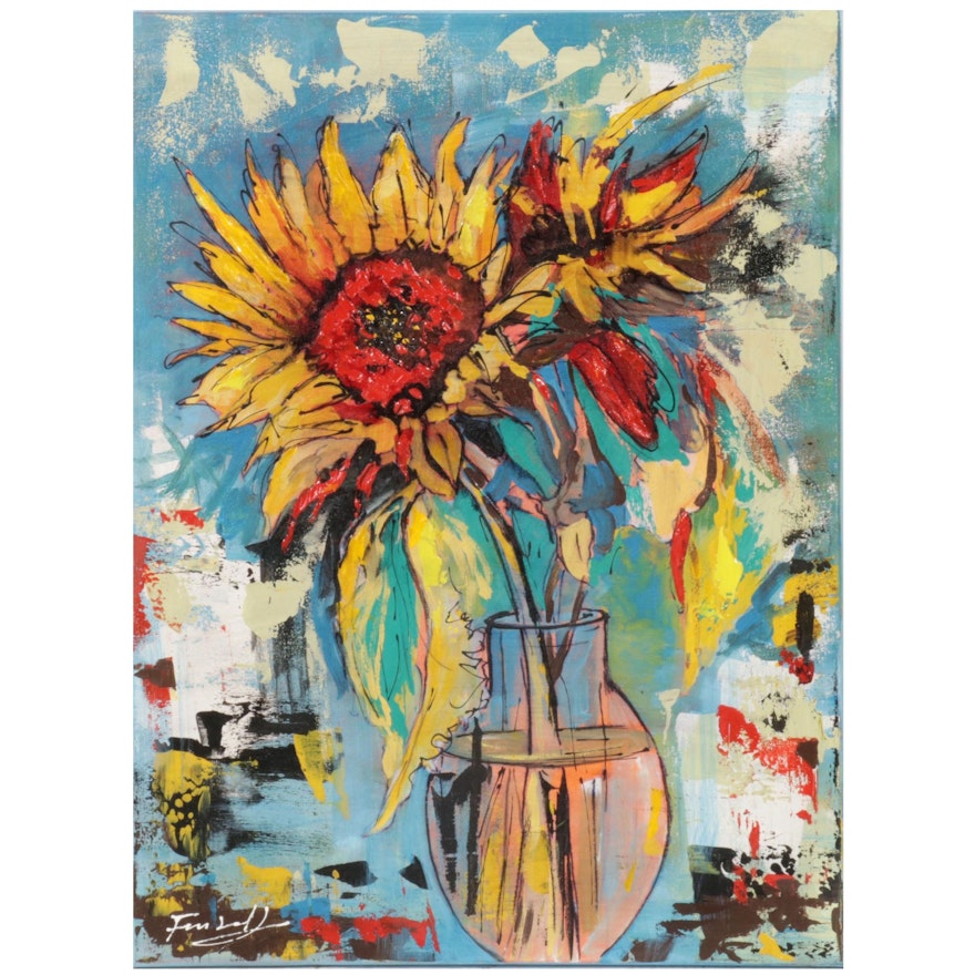 Farshad Lanjani Sunflowers Still Life Acrylic Painting, 21st Century