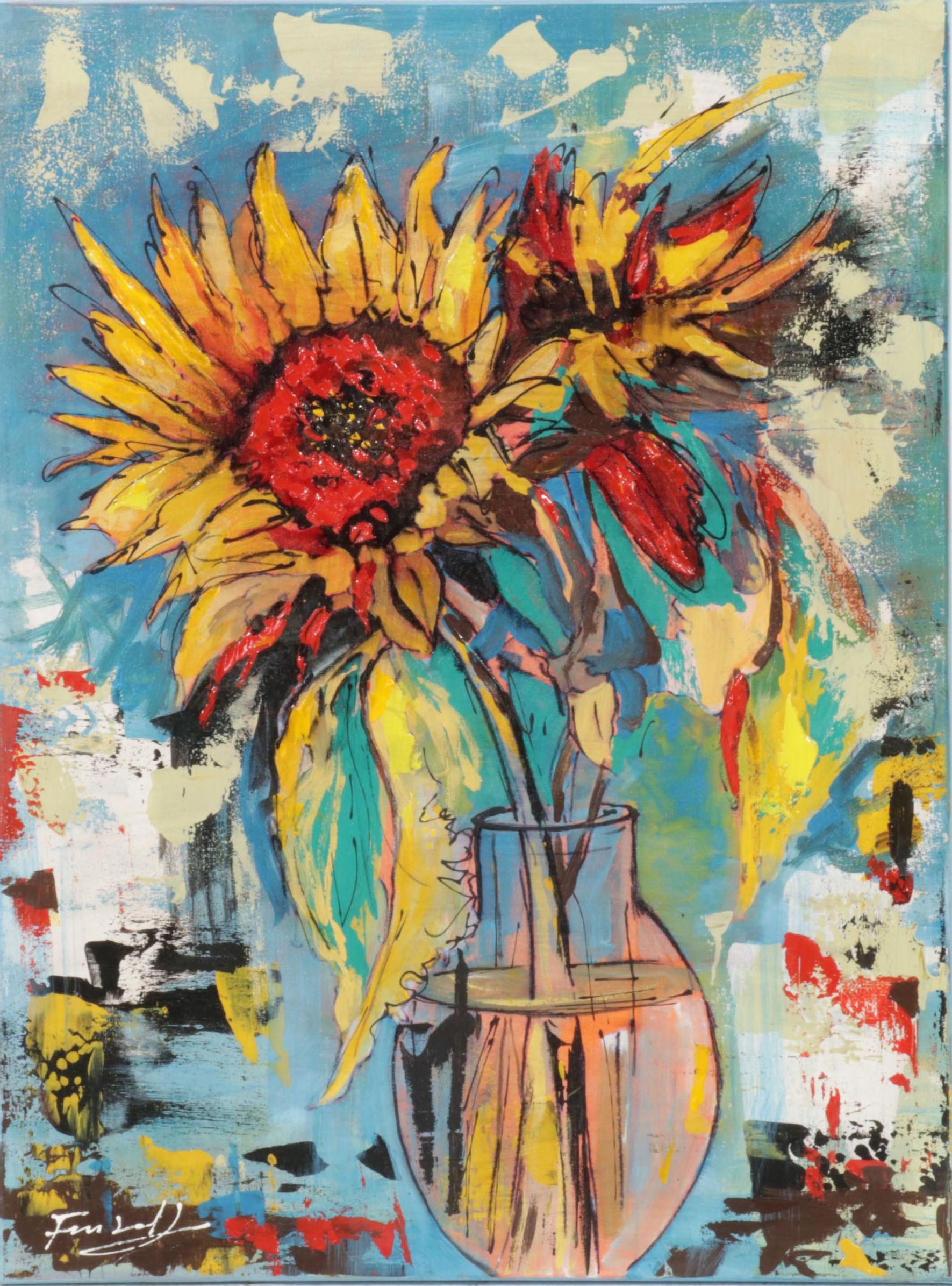 Farshad Lanjani Sunflowers Still Life Acrylic Painting, 21st Century