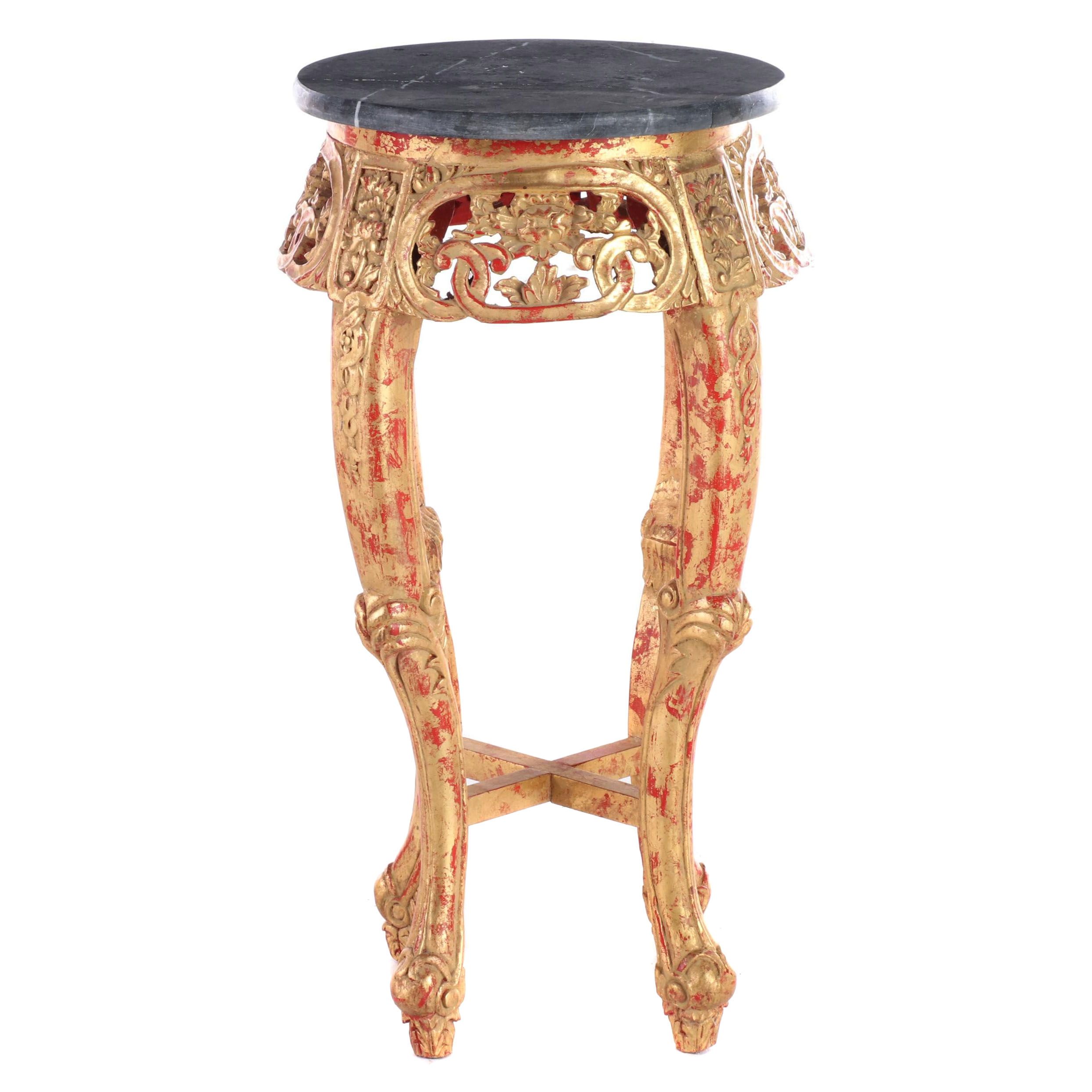 Chinese Red-Painted, Gilt-Decorated, and Polished Stone Side Table