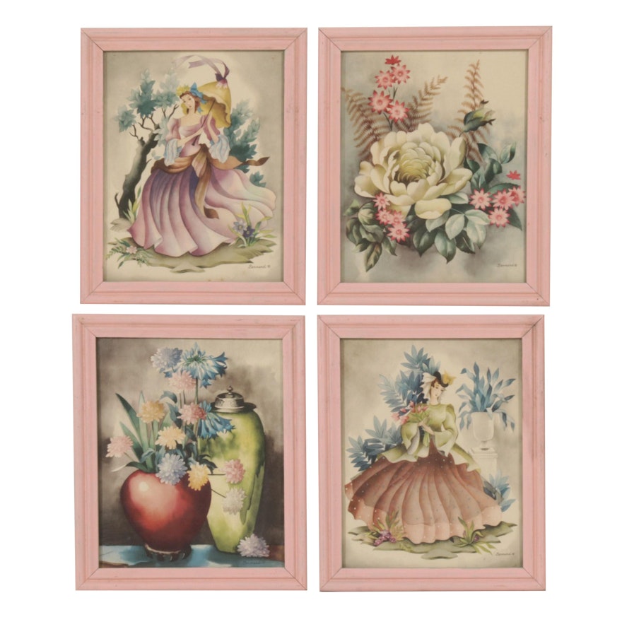 Offset Lithographs of Women and Floral Still Lifes, Circa 1965