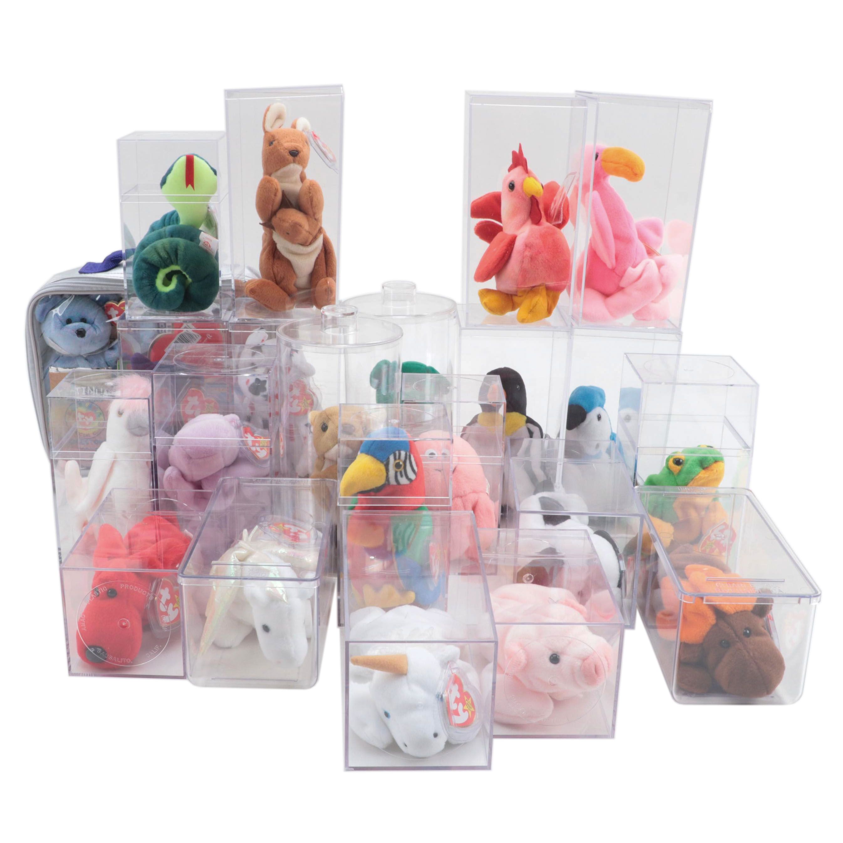 Ty Beanie Babies Stuffed Plush Toys With Clear Cases, Limited Edition Carry Case