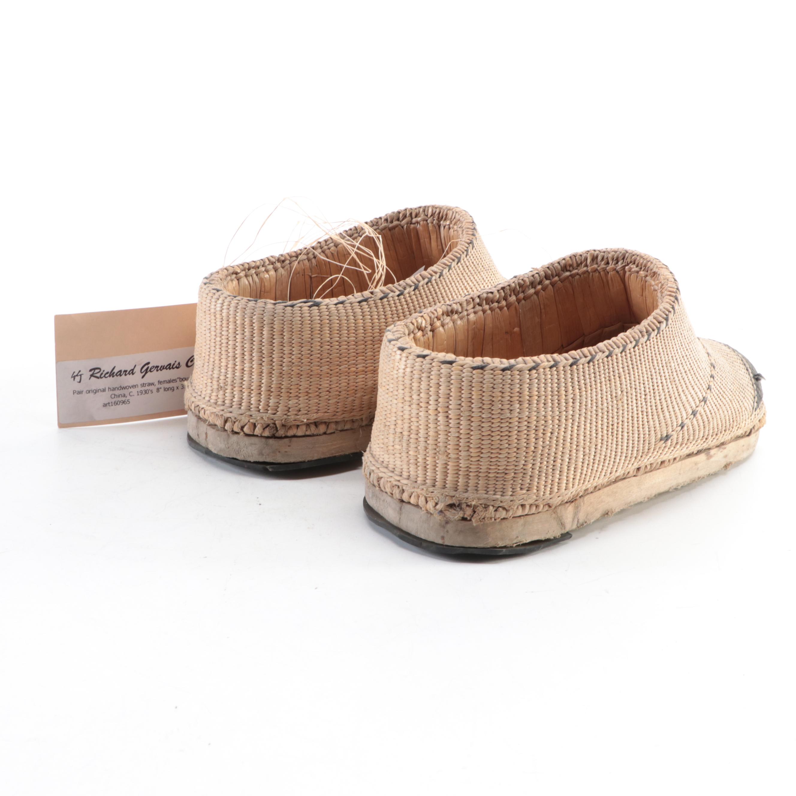 Pair of Chinese Handwoven Straw "Bound Feet" Slippers, 1930s