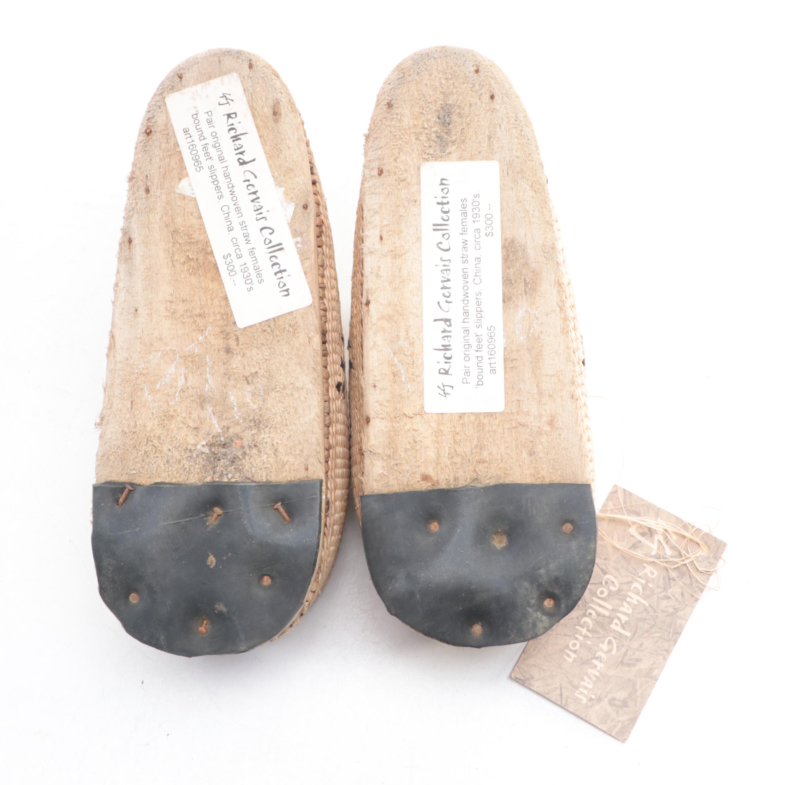 Pair of Chinese Handwoven Straw "Bound Feet" Slippers, 1930s