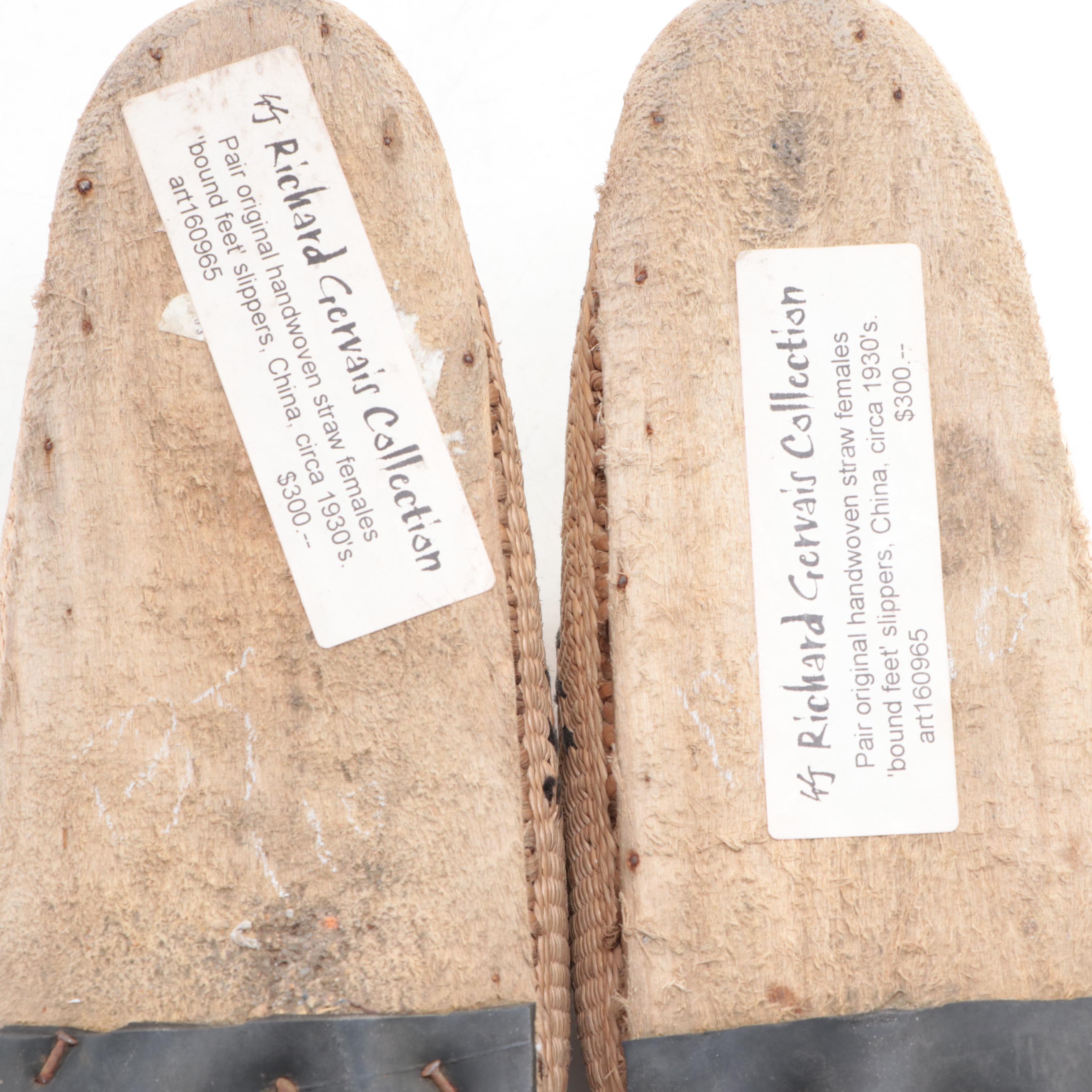 Pair of Chinese Handwoven Straw "Bound Feet" Slippers, 1930s