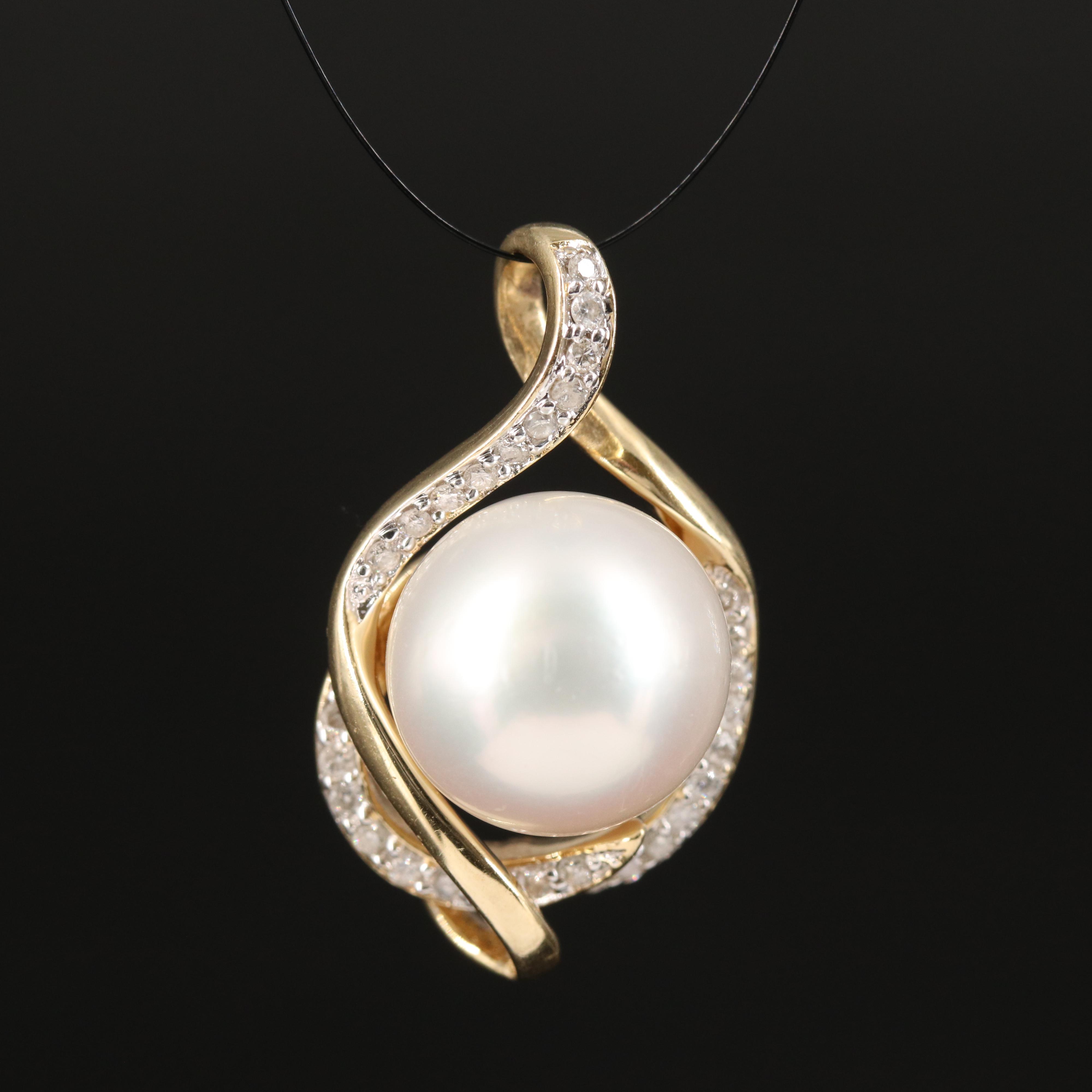 14K 11.80 mm Pearl and Diamond Pendant