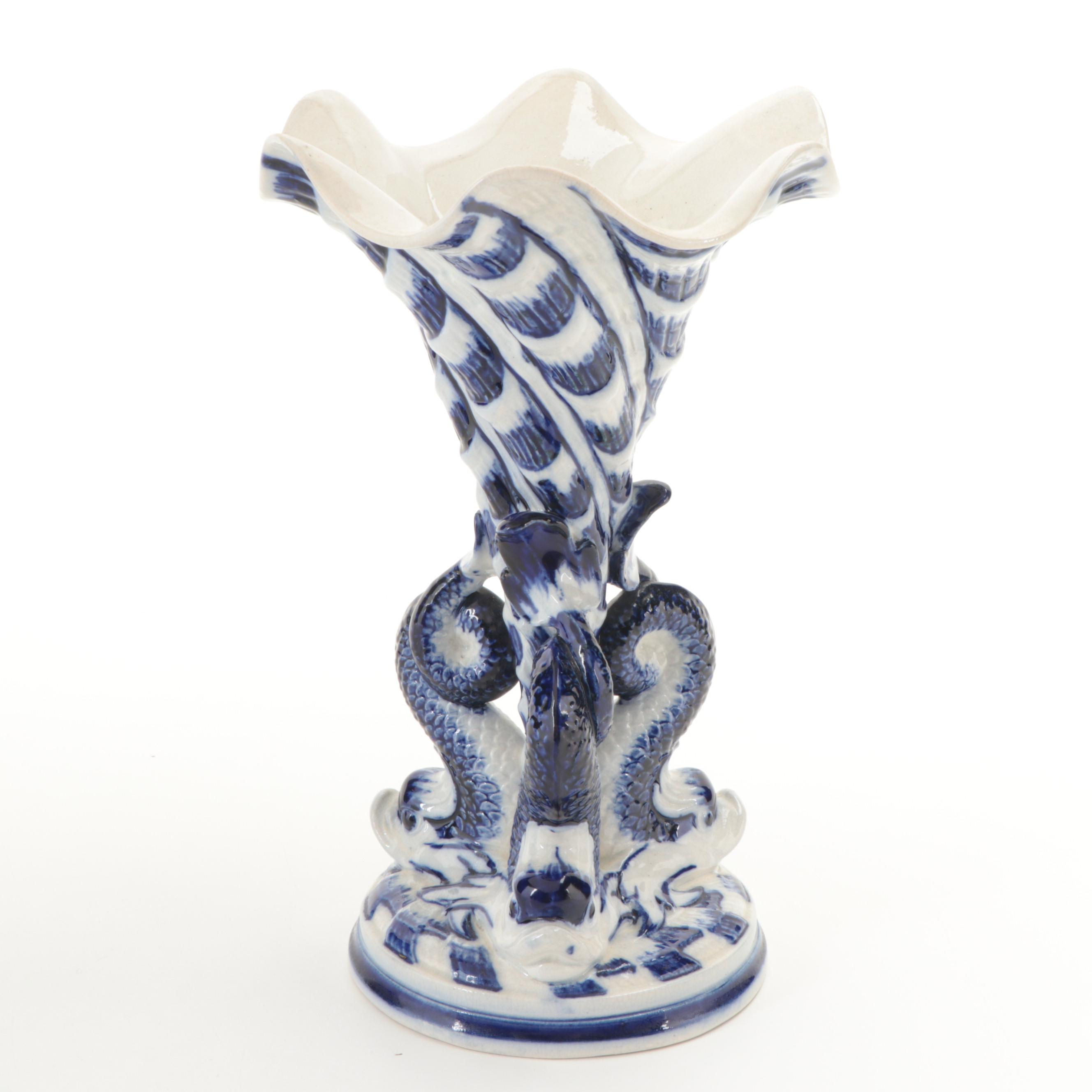Gustavsberg Dolphin Motif Majolica Trumpet Vase, 19th Century