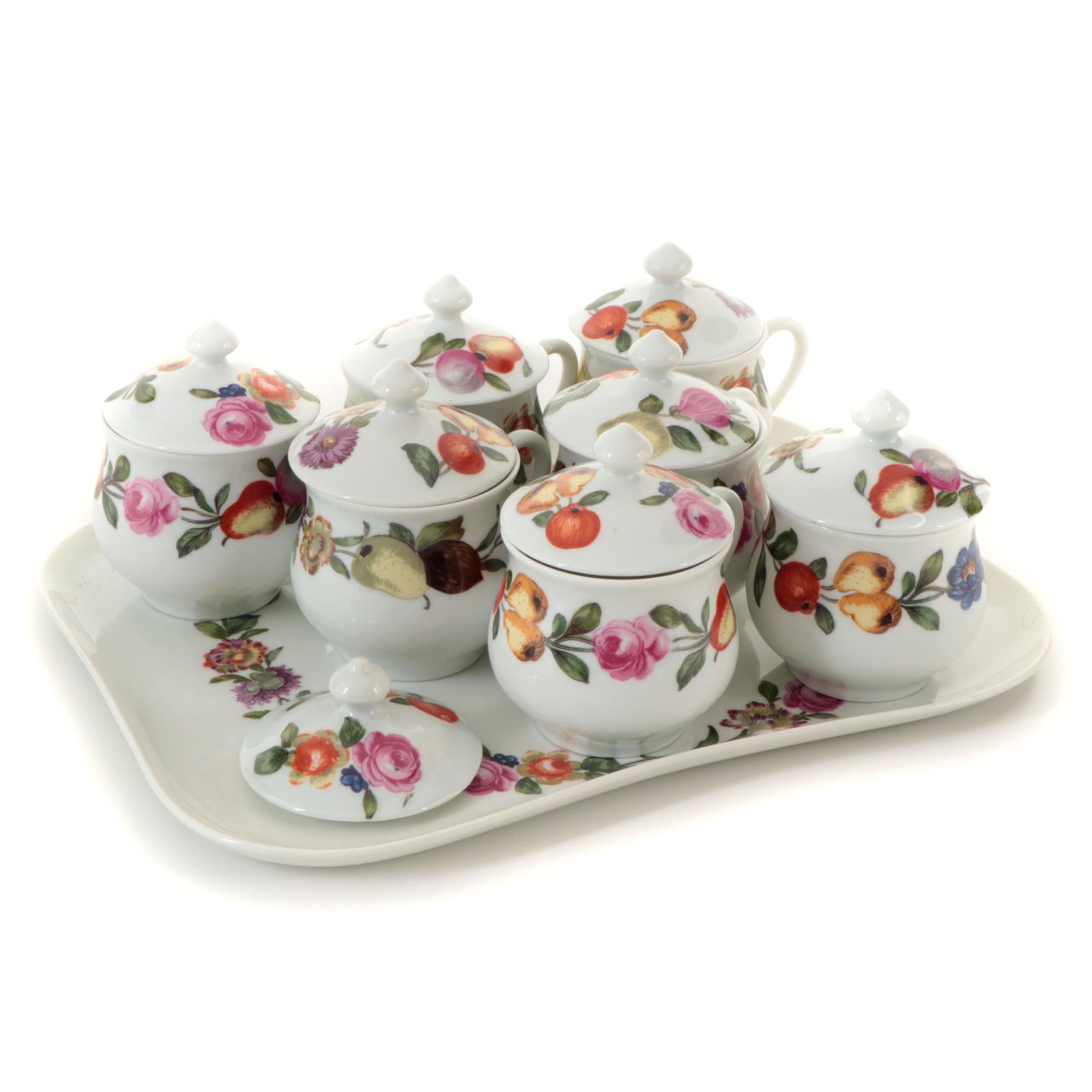 Porcelaine de Paris "Les Quatre Saisons" Porcelain Pots de Creme and Tray