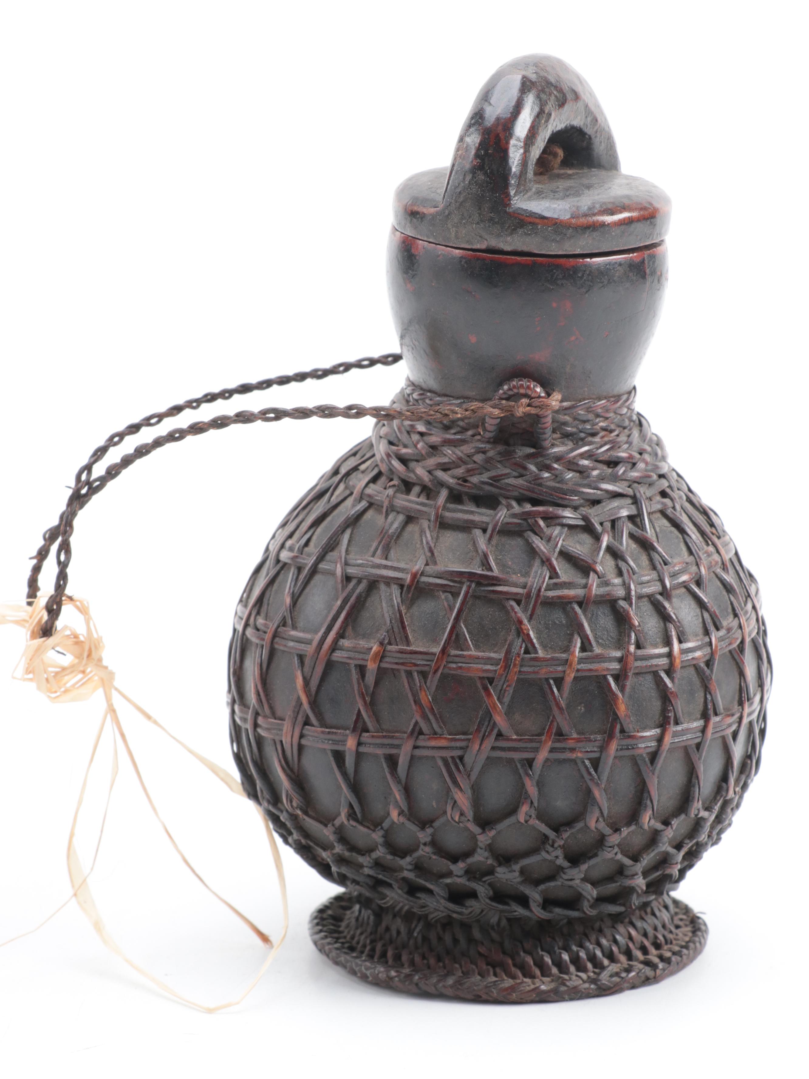 Indonesian Batak Wicker Wrapped Gourd Storage Vessel, Mid-20th Century