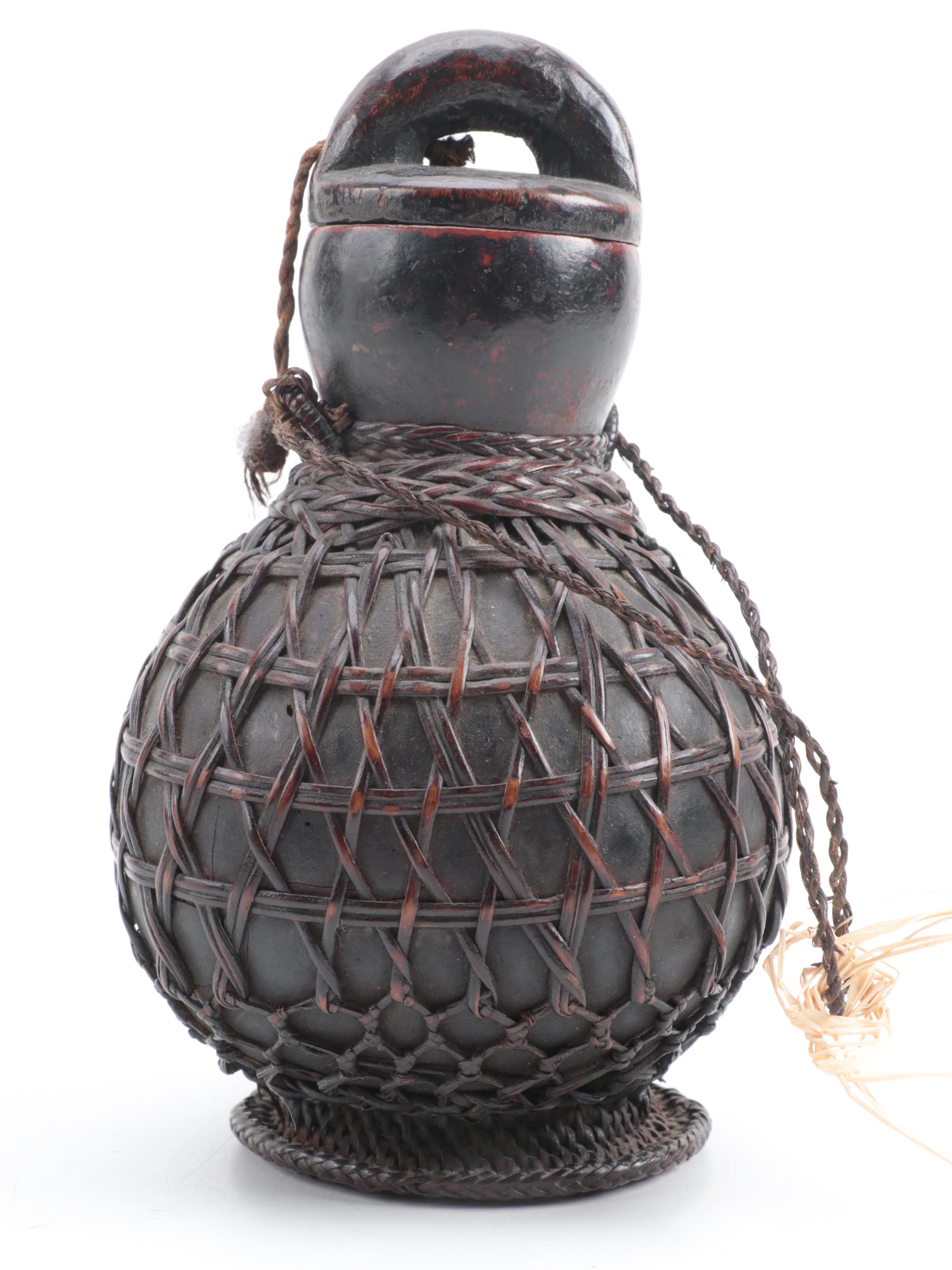 Indonesian Batak Wicker Wrapped Gourd Storage Vessel, Mid-20th Century