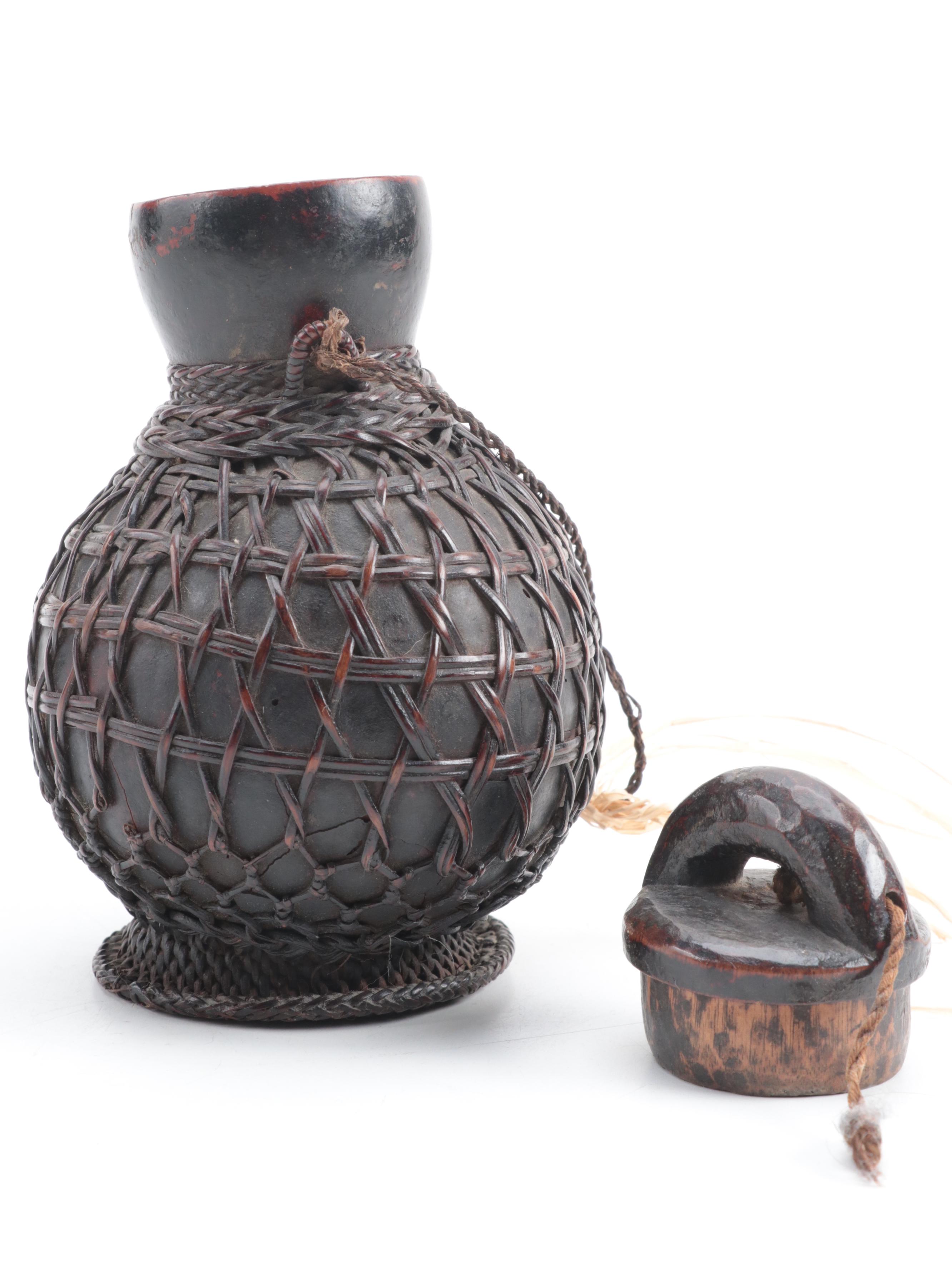 Indonesian Batak Wicker Wrapped Gourd Storage Vessel, Mid-20th Century