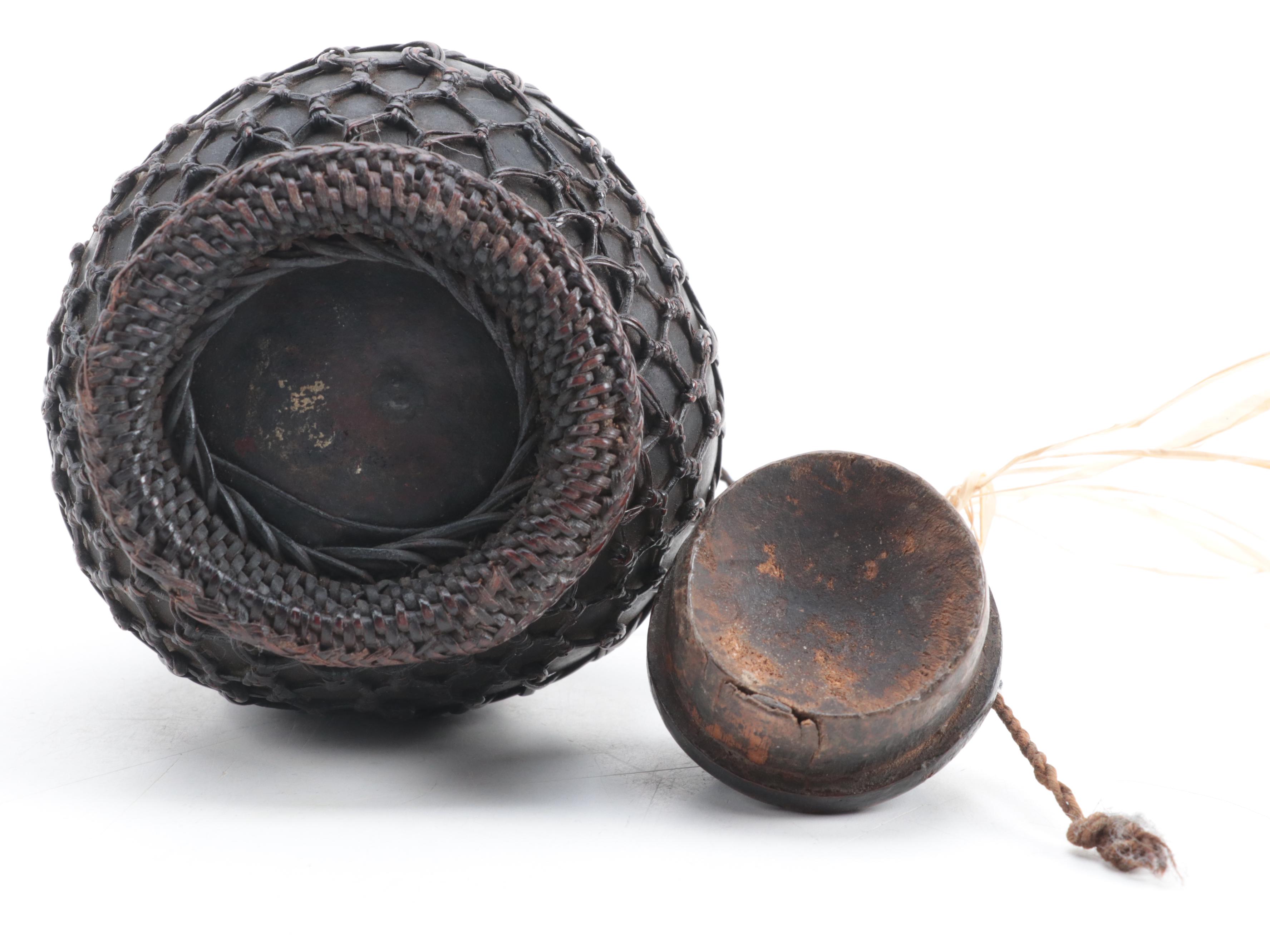 Indonesian Batak Wicker Wrapped Gourd Storage Vessel, Mid-20th Century