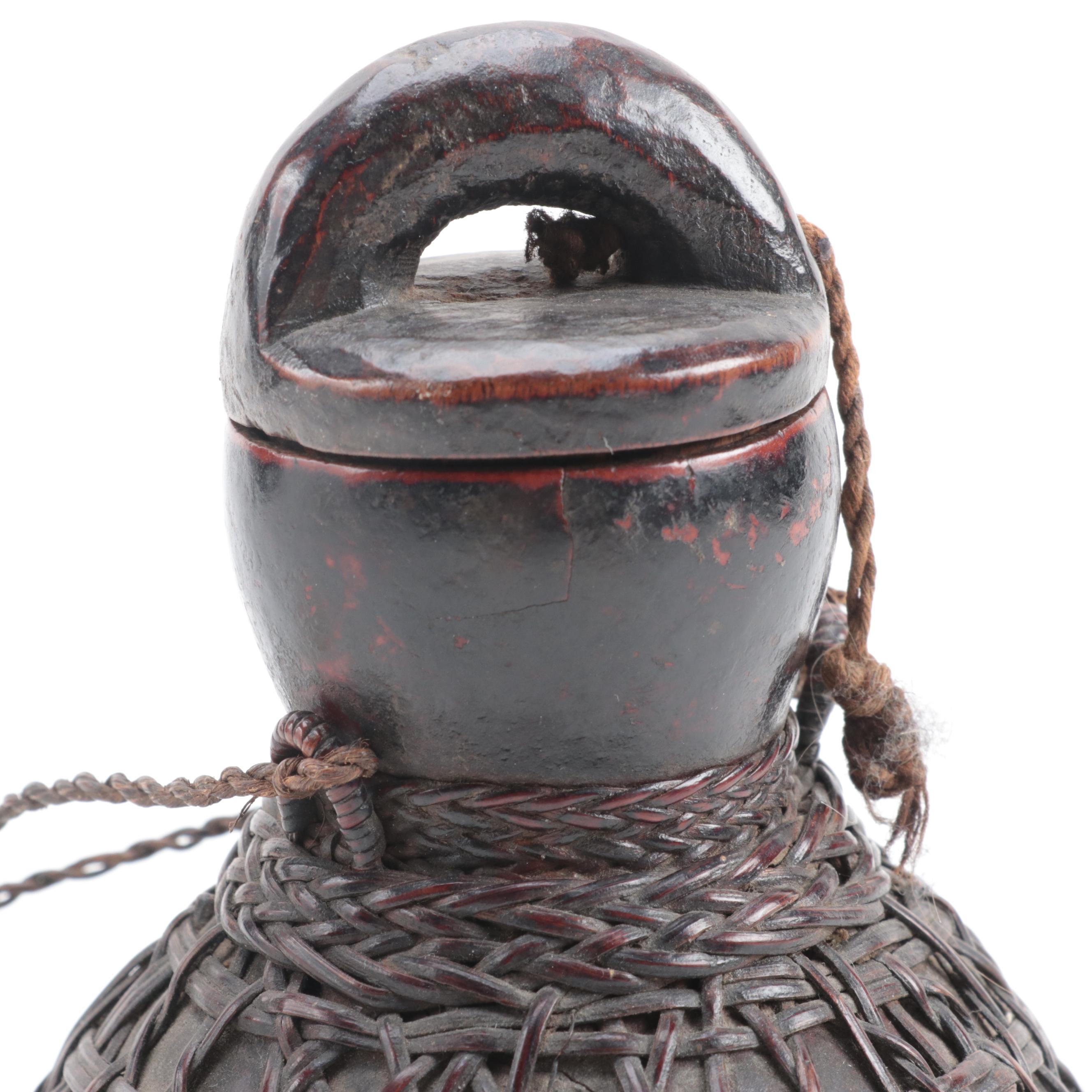 Indonesian Batak Wicker Wrapped Gourd Storage Vessel, Mid-20th Century