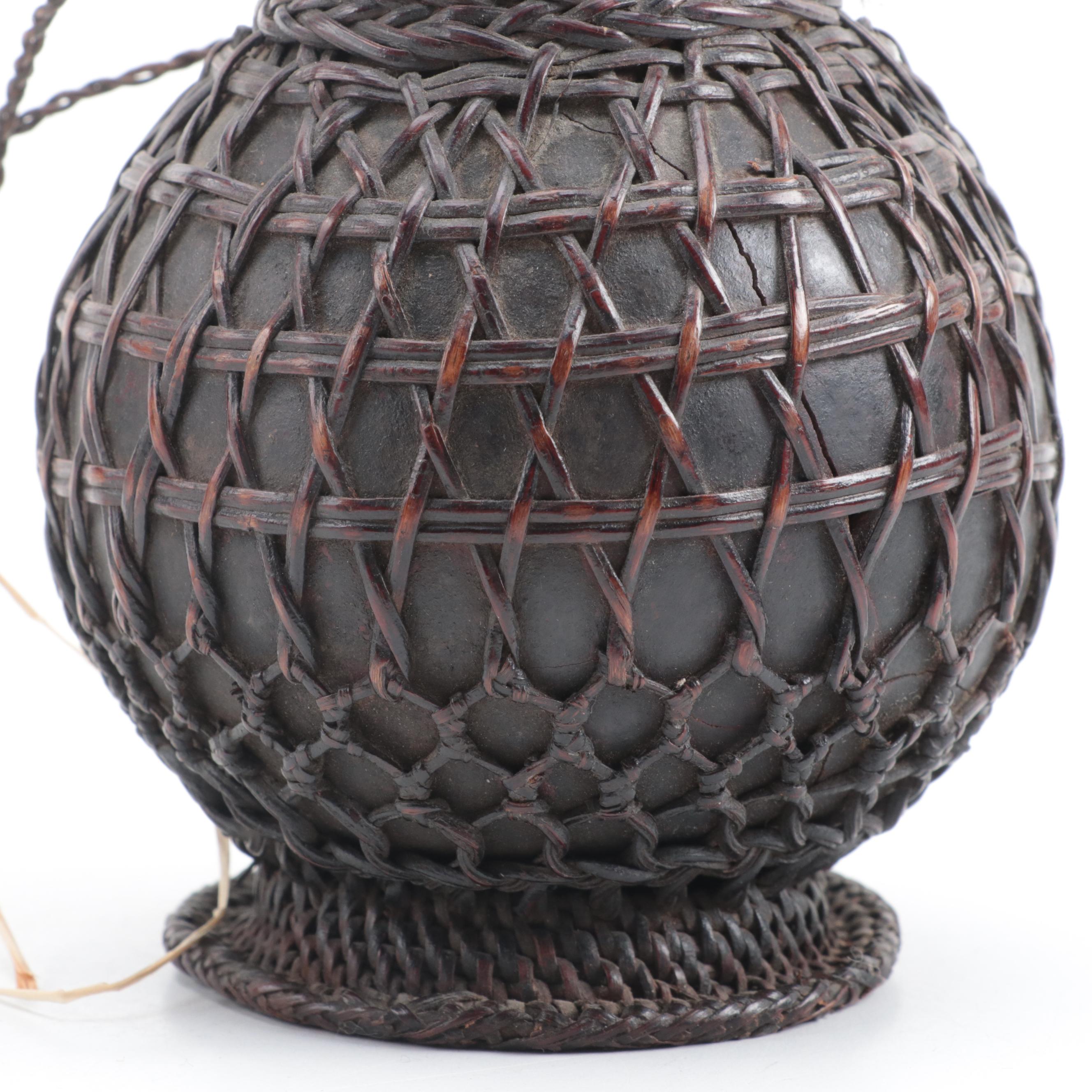 Indonesian Batak Wicker Wrapped Gourd Storage Vessel, Mid-20th Century