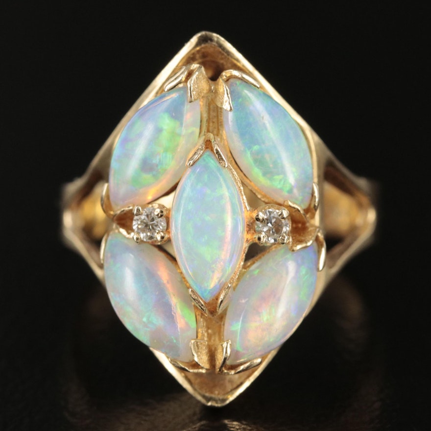 14K Opal and Diamond Navette Ring