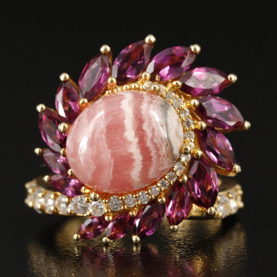 Sterling Rhodochrosite, Rhodolite Garnet and Zircon Ring