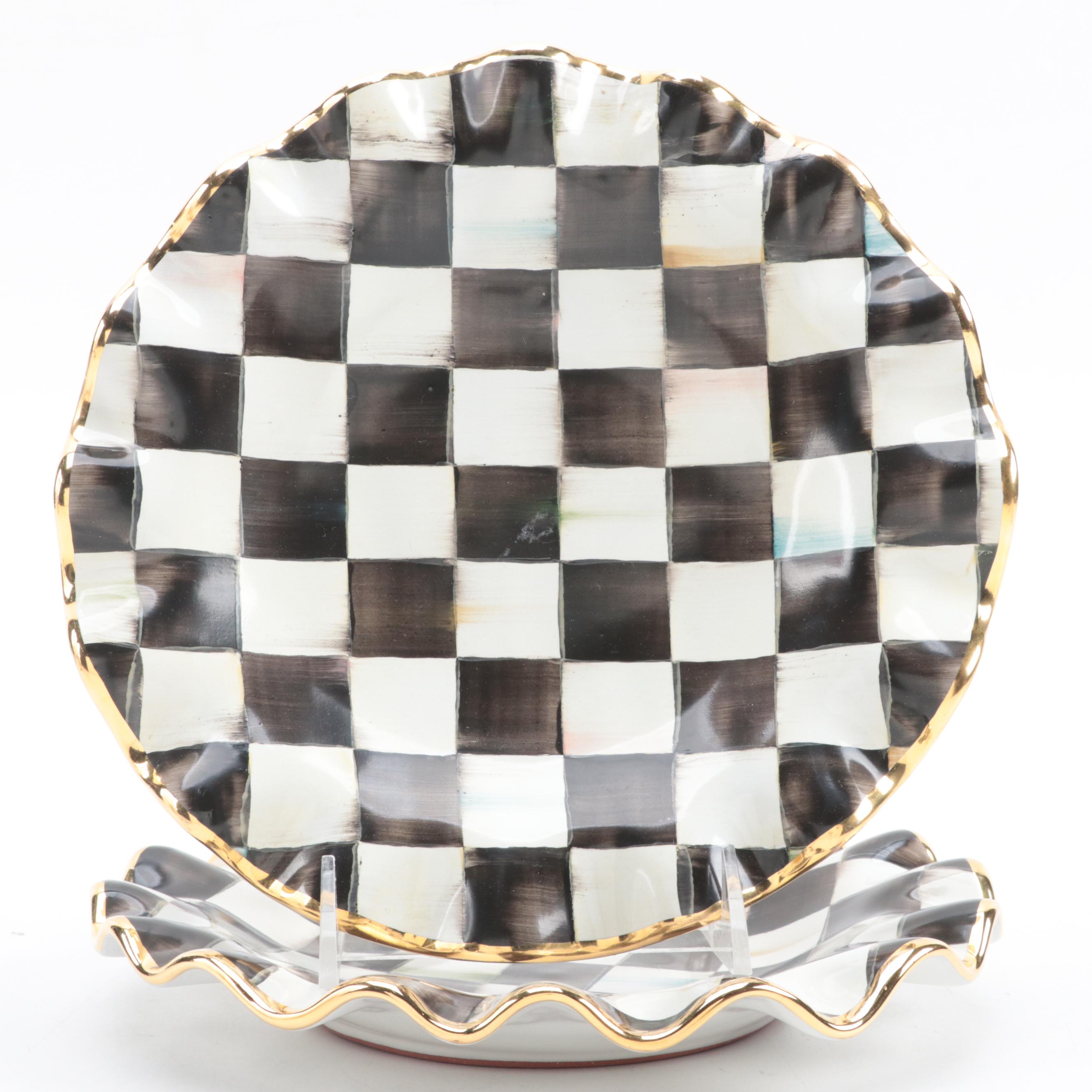MacKenzie-Childs "Courtly Check" Earthenware Fluted Plates and Frog Pot Climber