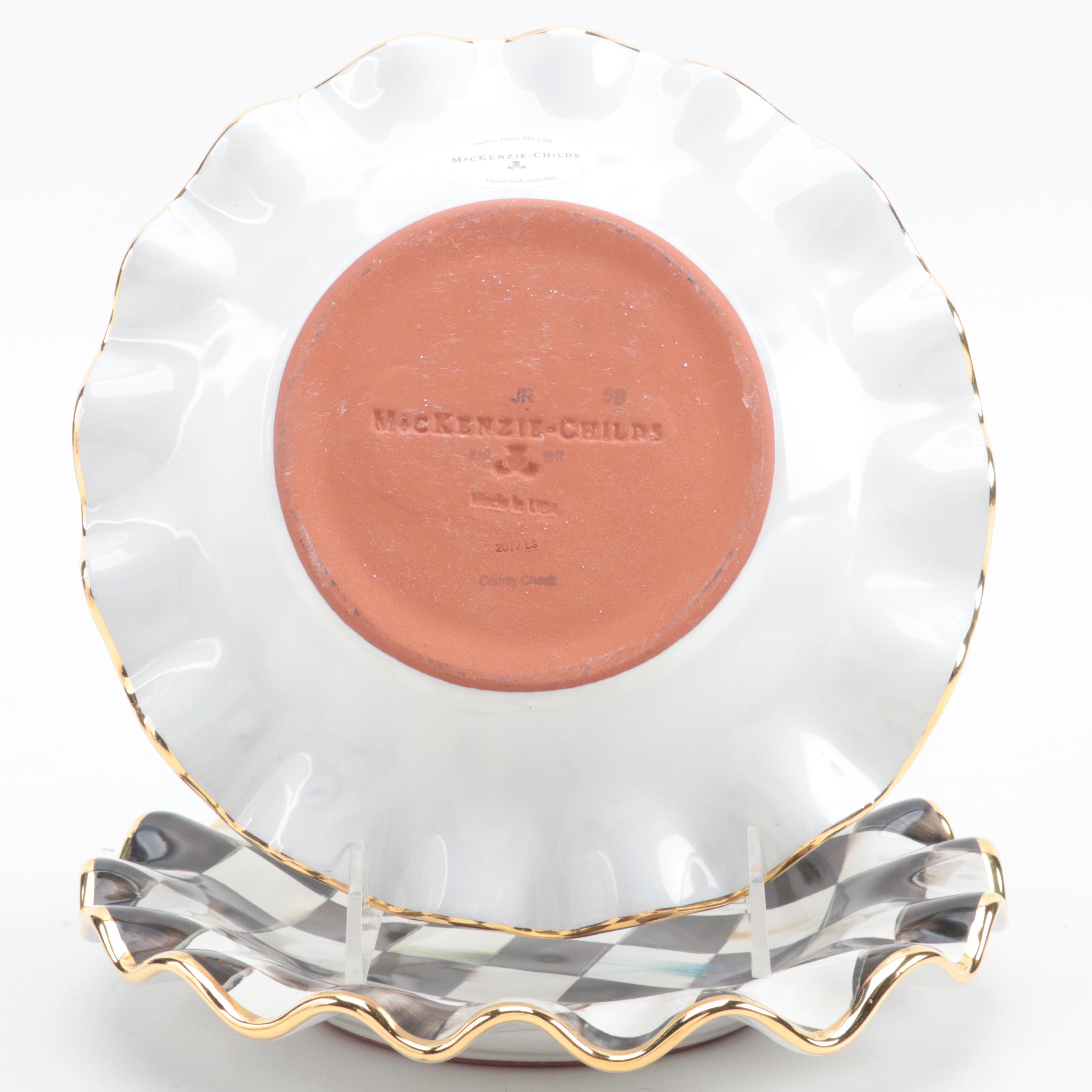 MacKenzie-Childs "Courtly Check" Earthenware Fluted Plates and Frog Pot Climber