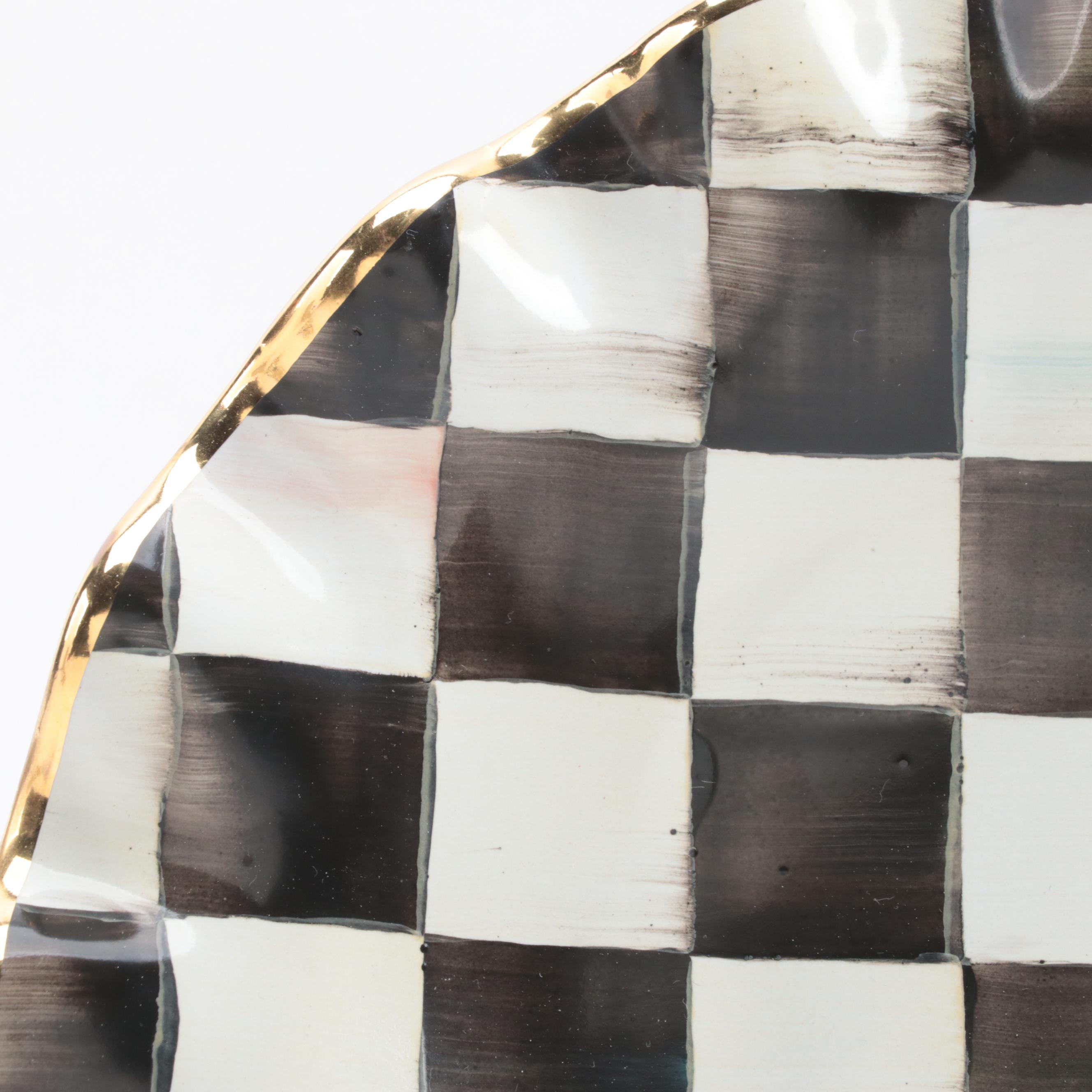 MacKenzie-Childs "Courtly Check" Earthenware Fluted Plates and Frog Pot Climber