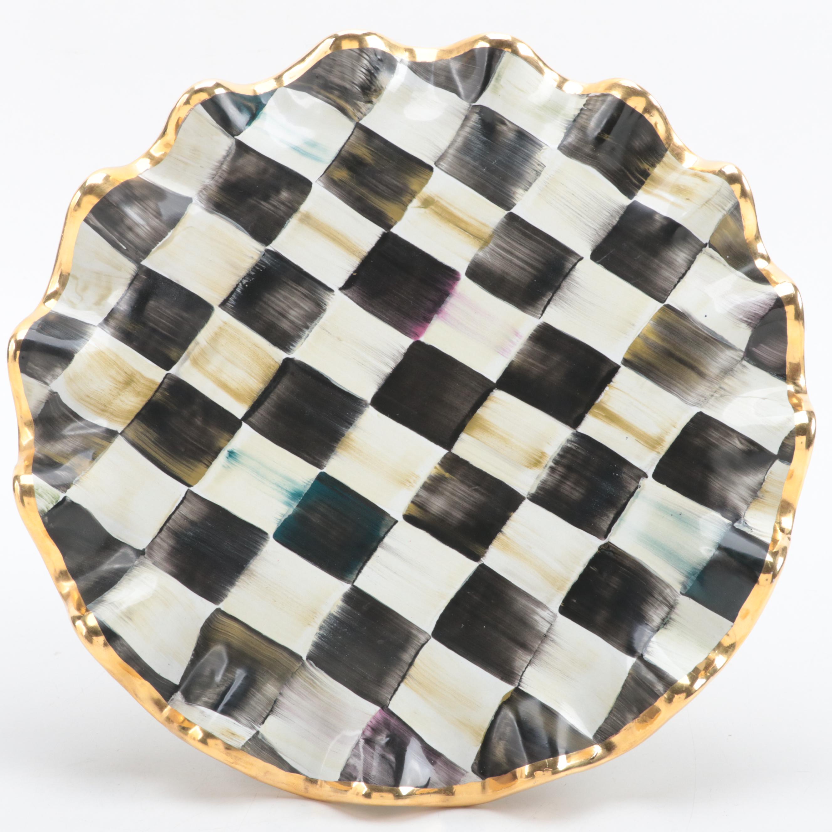 MacKenzie-Childs "Courtly Check" Enameled Ceramic Fluted Cake Stand