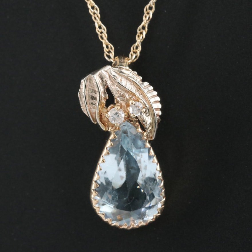 14K Sky Blue Topaz and Diamond Pendant on 10K Chain Necklace