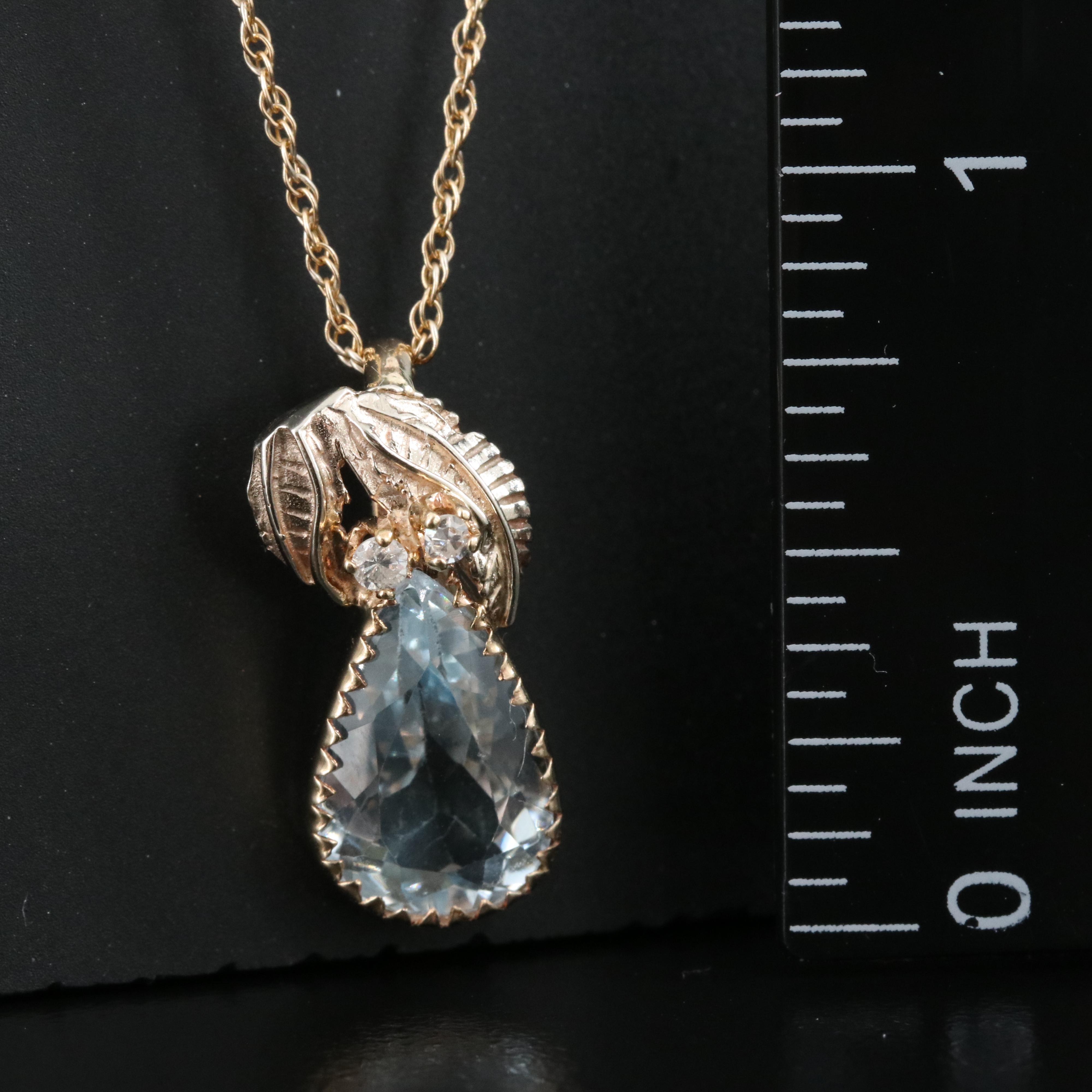 14K Sky Blue Topaz and Diamond Pendant on 10K Chain Necklace