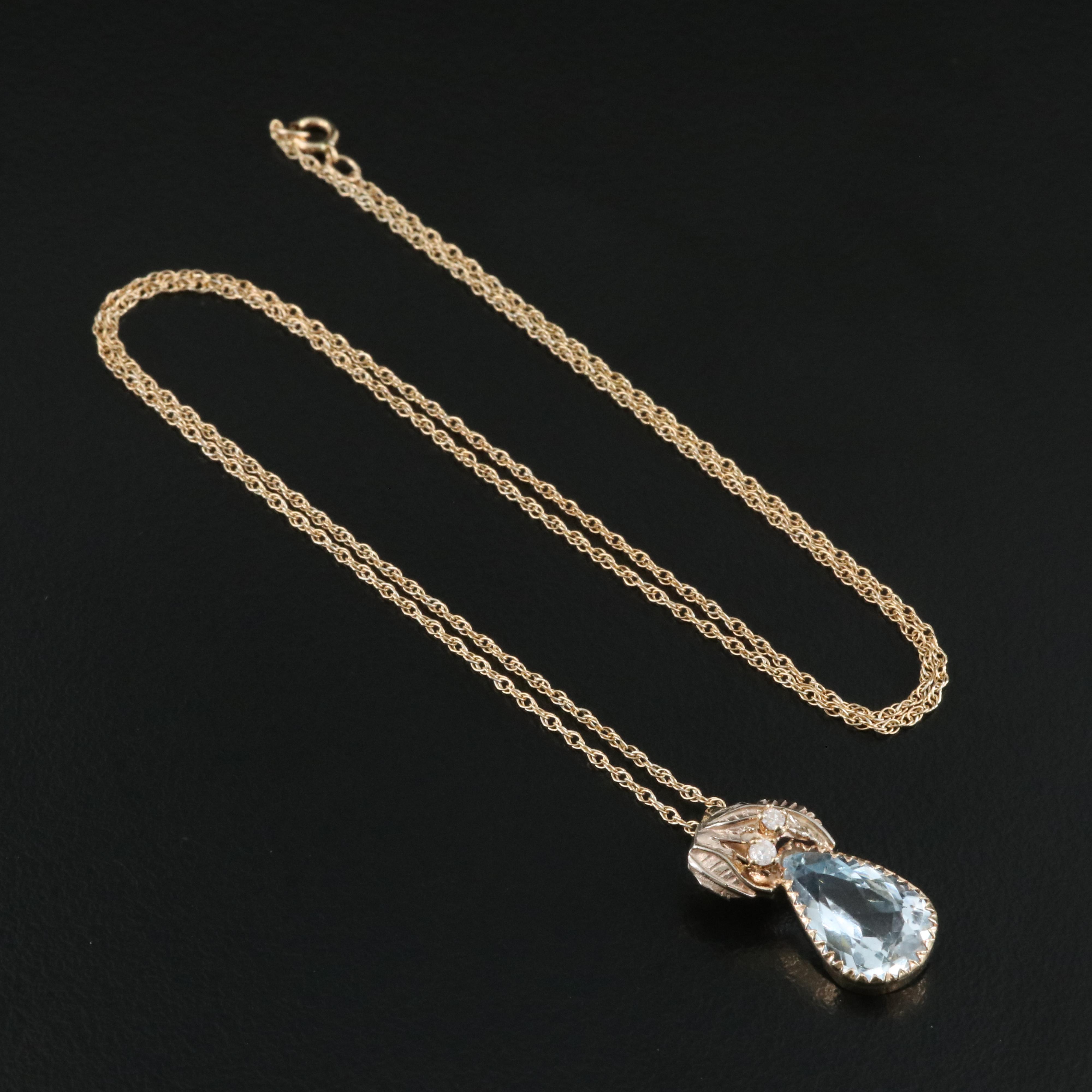 14K Sky Blue Topaz and Diamond Pendant on 10K Chain Necklace