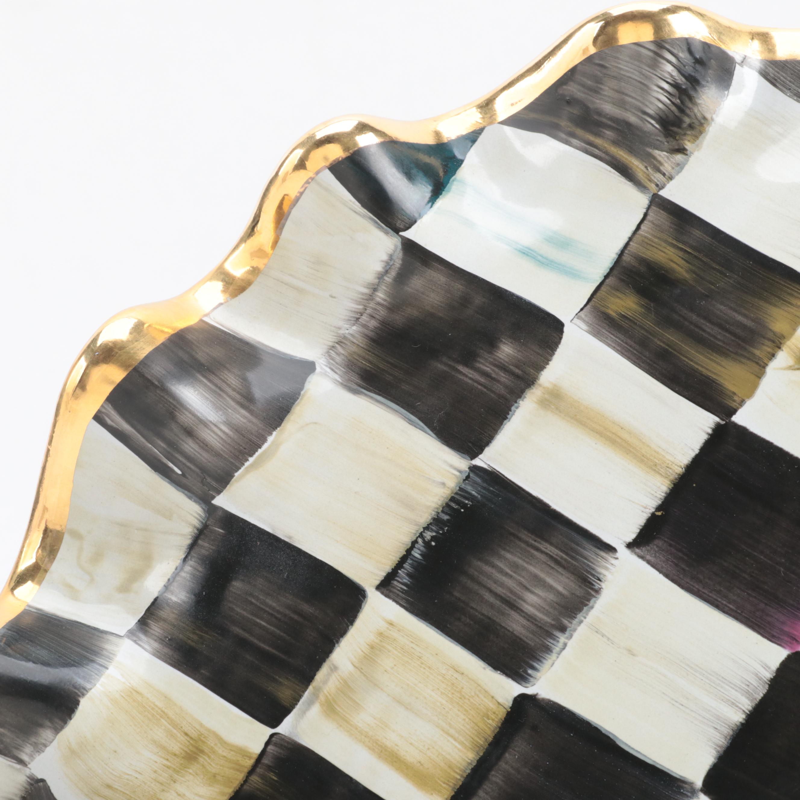 MacKenzie-Childs "Courtly Check" Enameled Ceramic Fluted Cake Stand