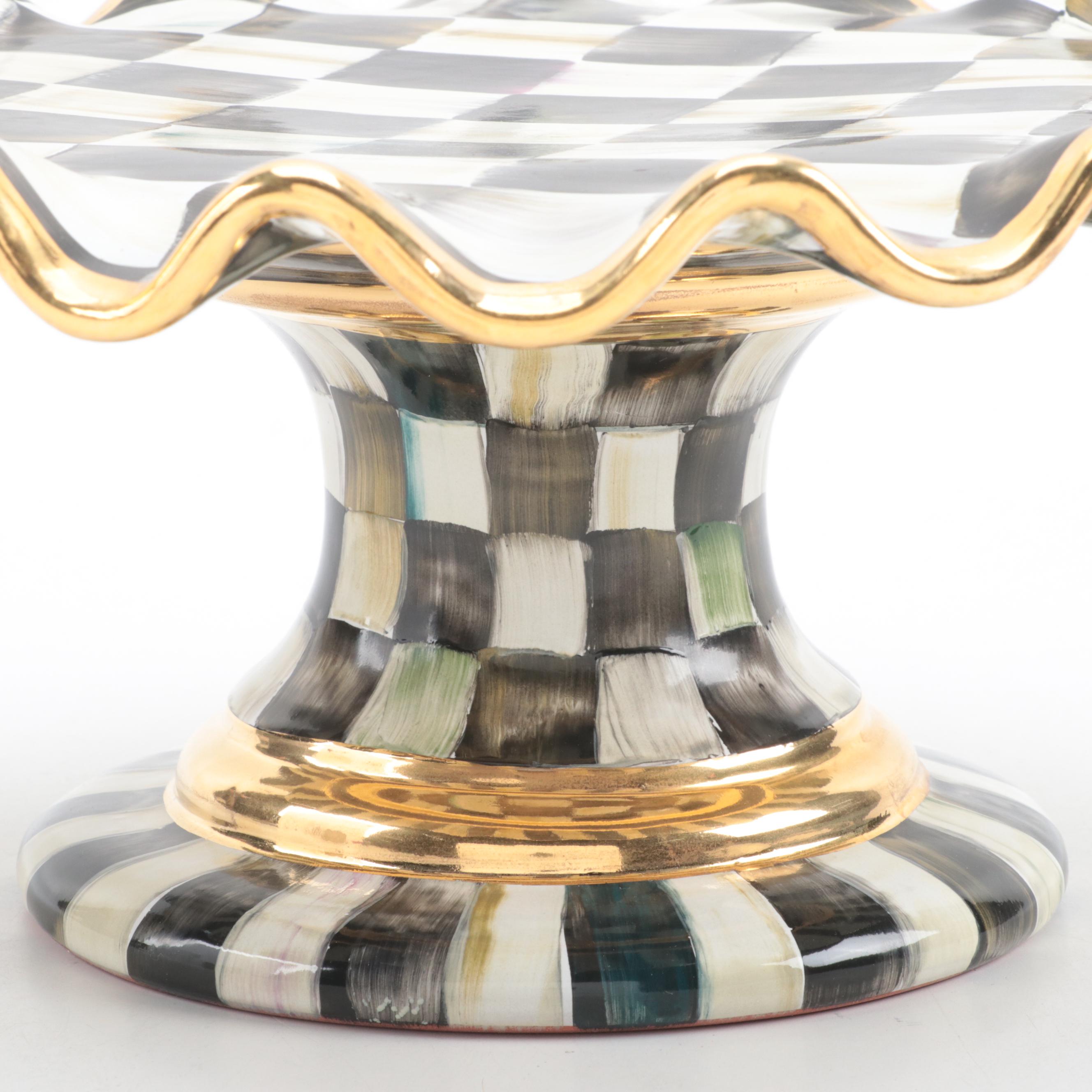 MacKenzie-Childs "Courtly Check" Enameled Ceramic Fluted Cake Stand