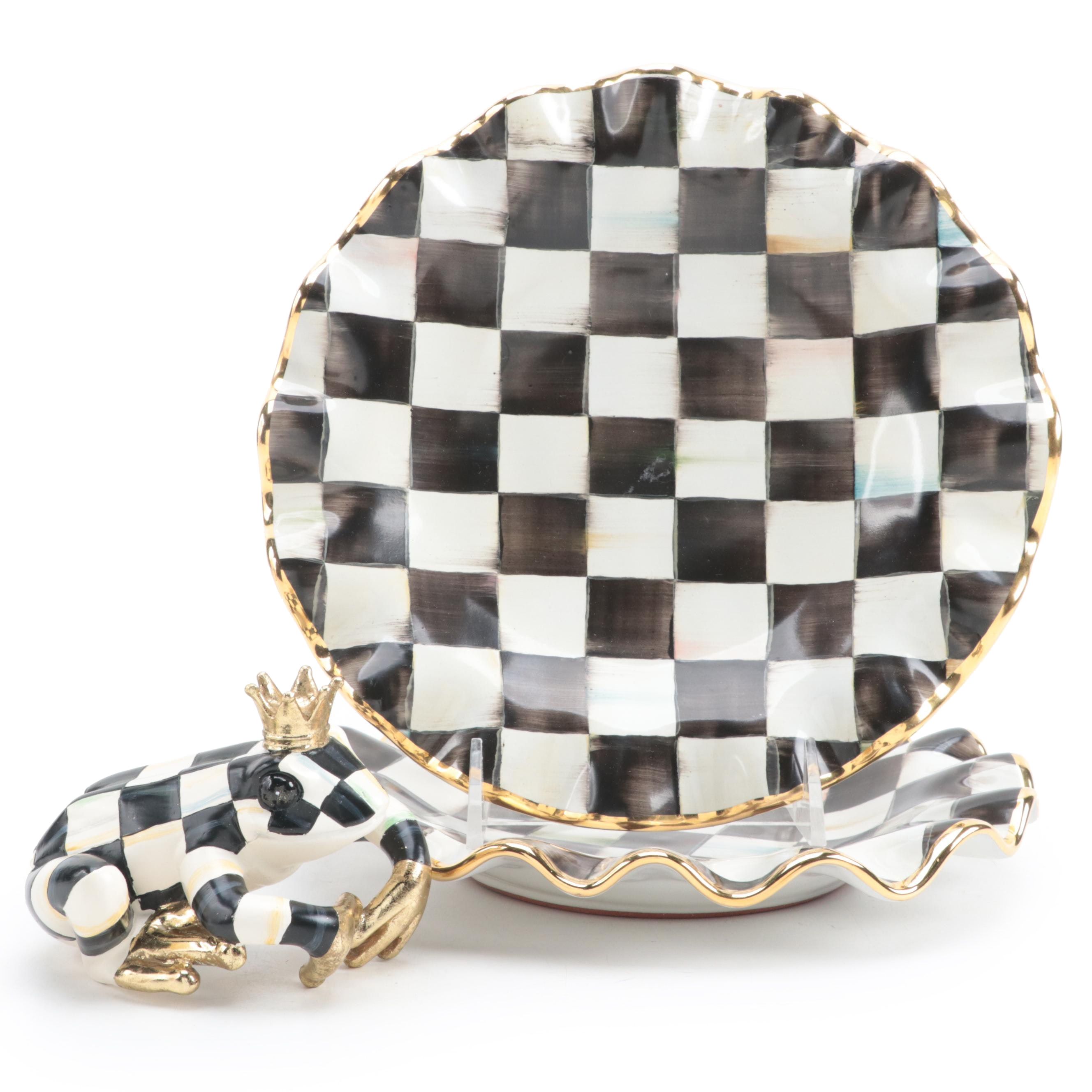 MacKenzie-Childs "Courtly Check" Earthenware Fluted Plates and Frog Pot Climber