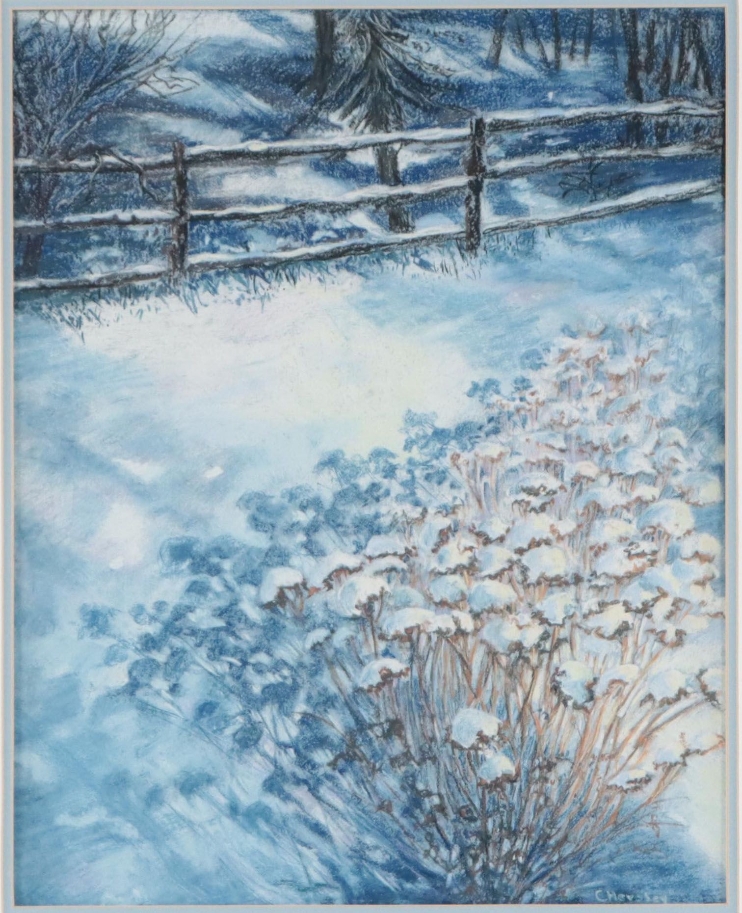 Carol M. Hershey Landscape Pastel Drawing "Setown in Winter," Late 20th Century