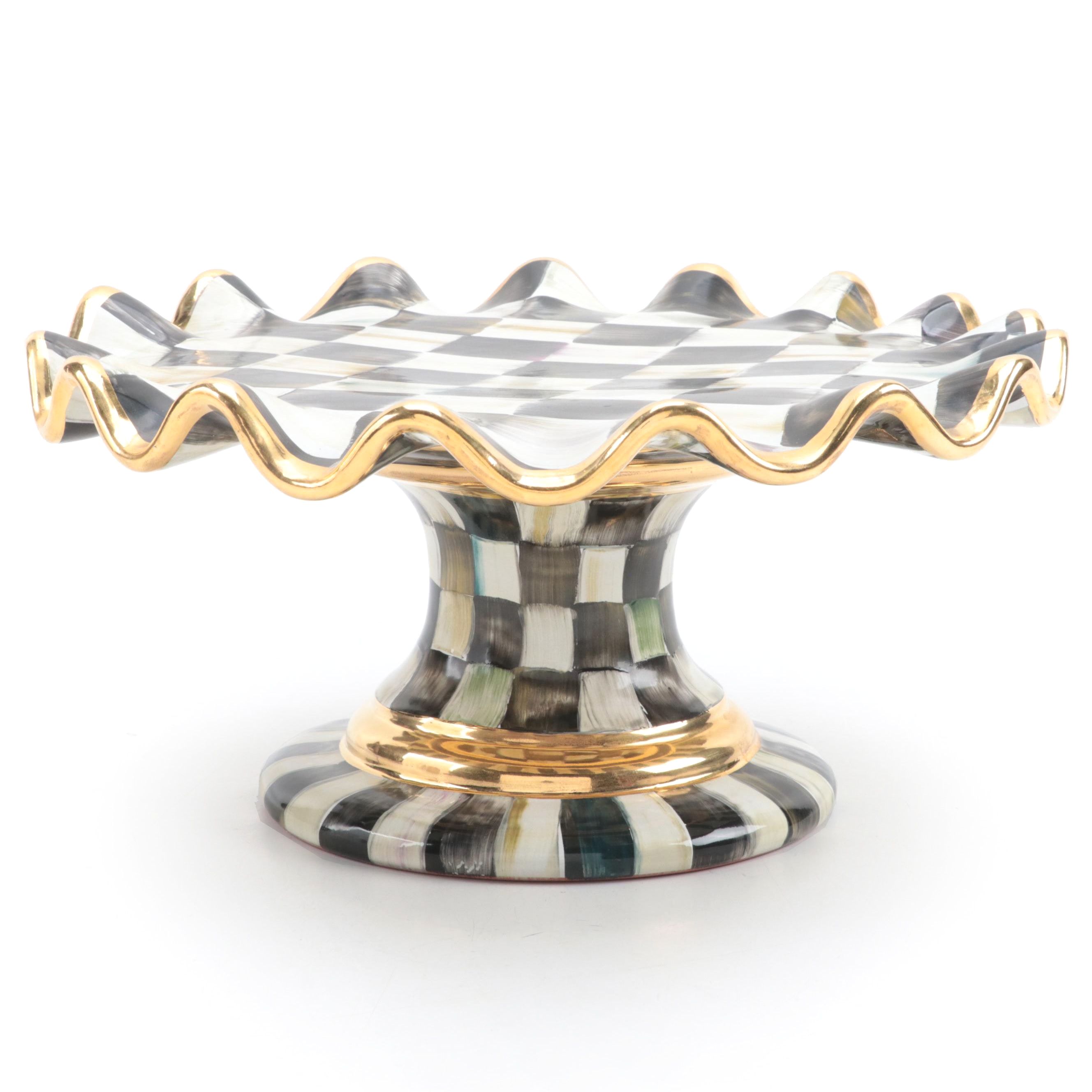 MacKenzie-Childs "Courtly Check" Enameled Ceramic Fluted Cake Stand
