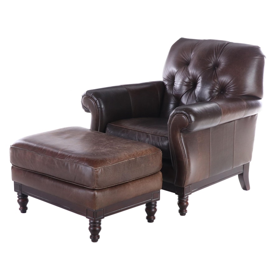 Bernhardt Buttoned-Down Leather Easy Armchair and Ottoman