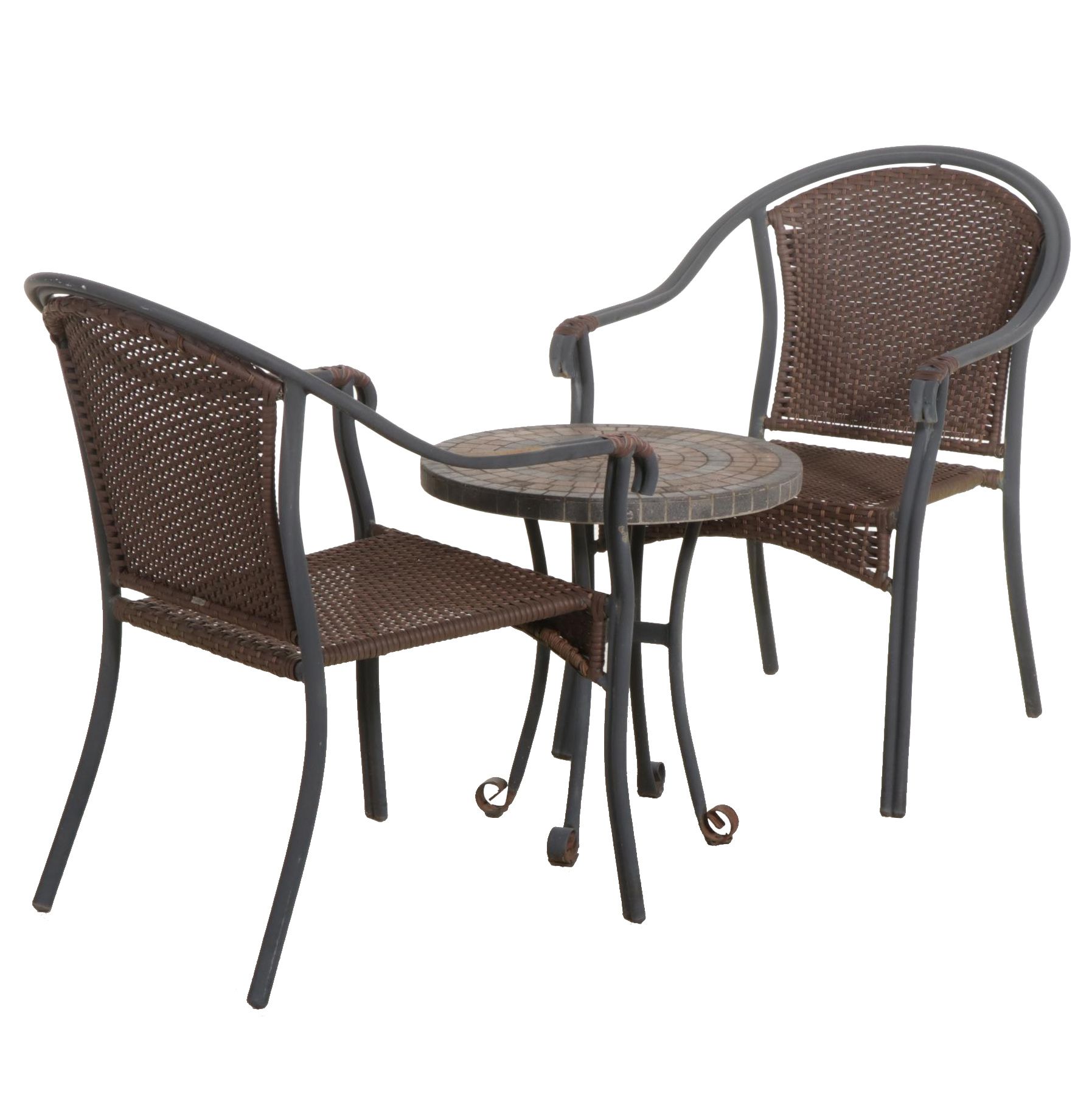 Metal Frame Faux Rattan Patio Chairs and Tile Top Table, Late 20th Century