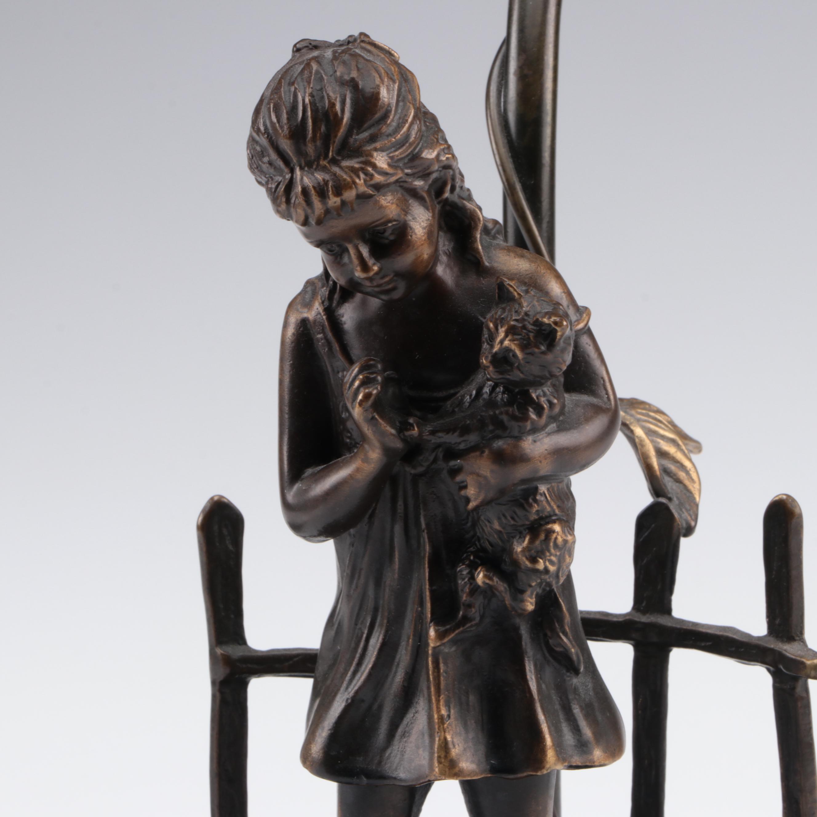 French Art Nouveau Style Figural Lamp with Satin Glass Shade