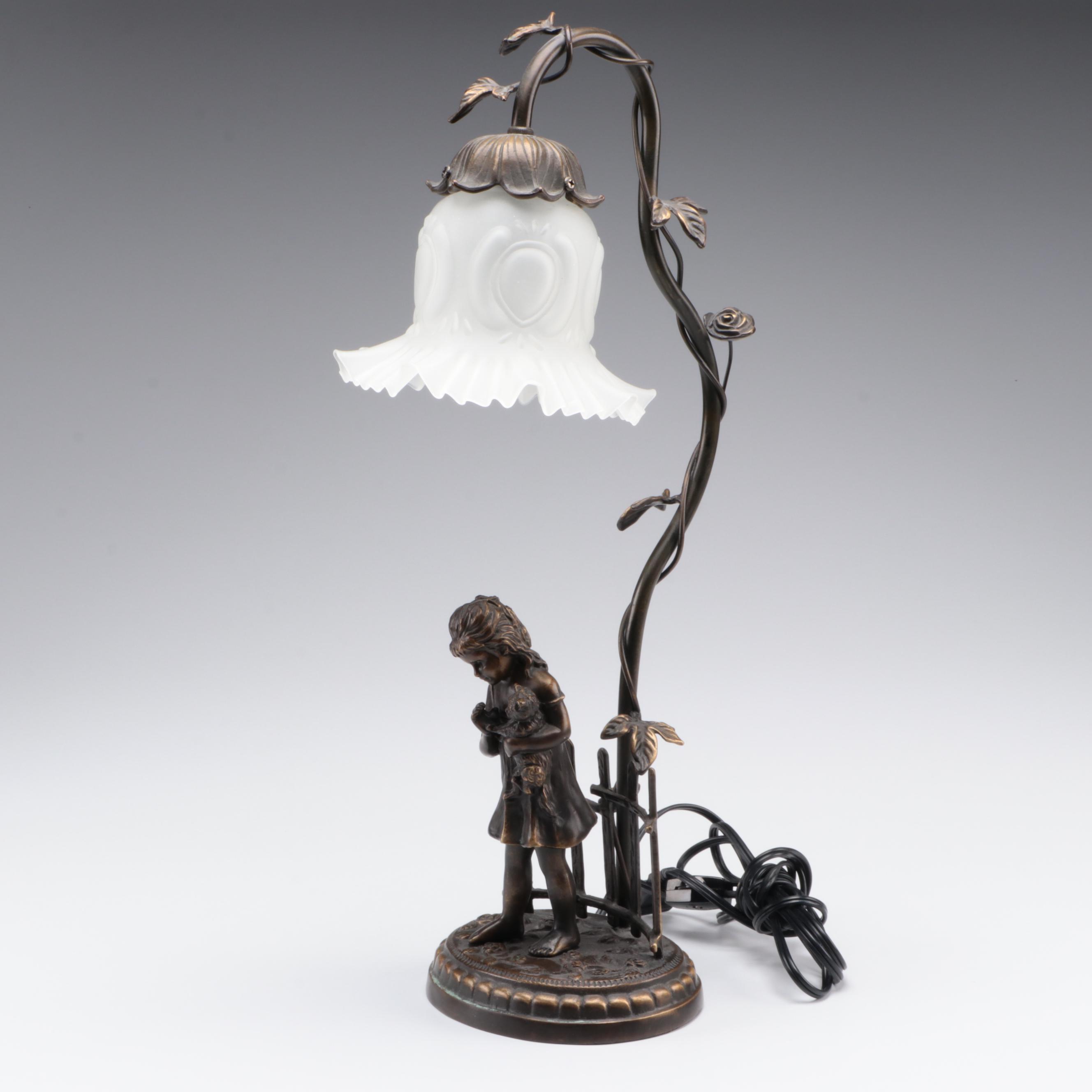 French Art Nouveau Style Figural Lamp with Satin Glass Shade